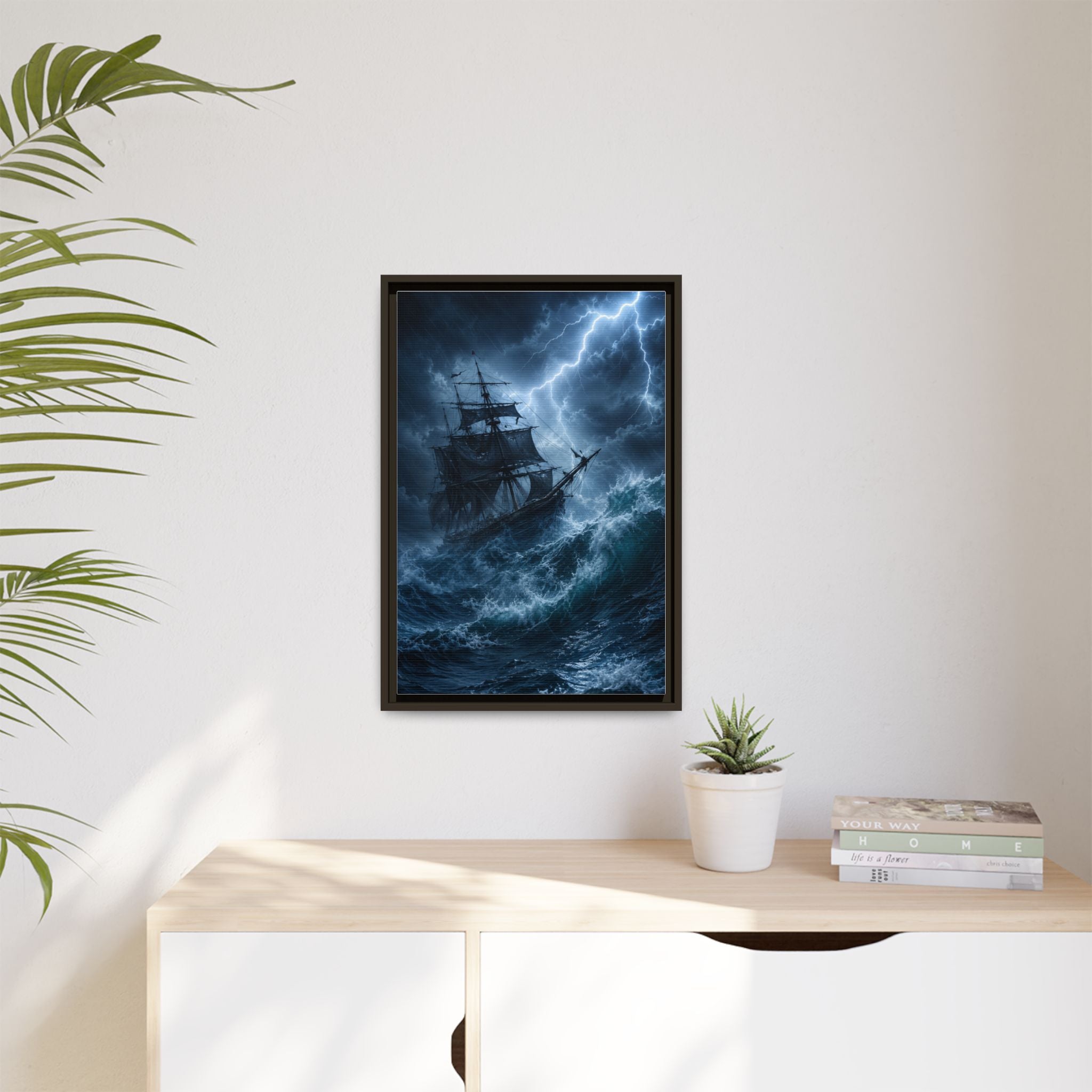 Stormy Seas Ship Painting — Framed Matte Canvas Wall Art