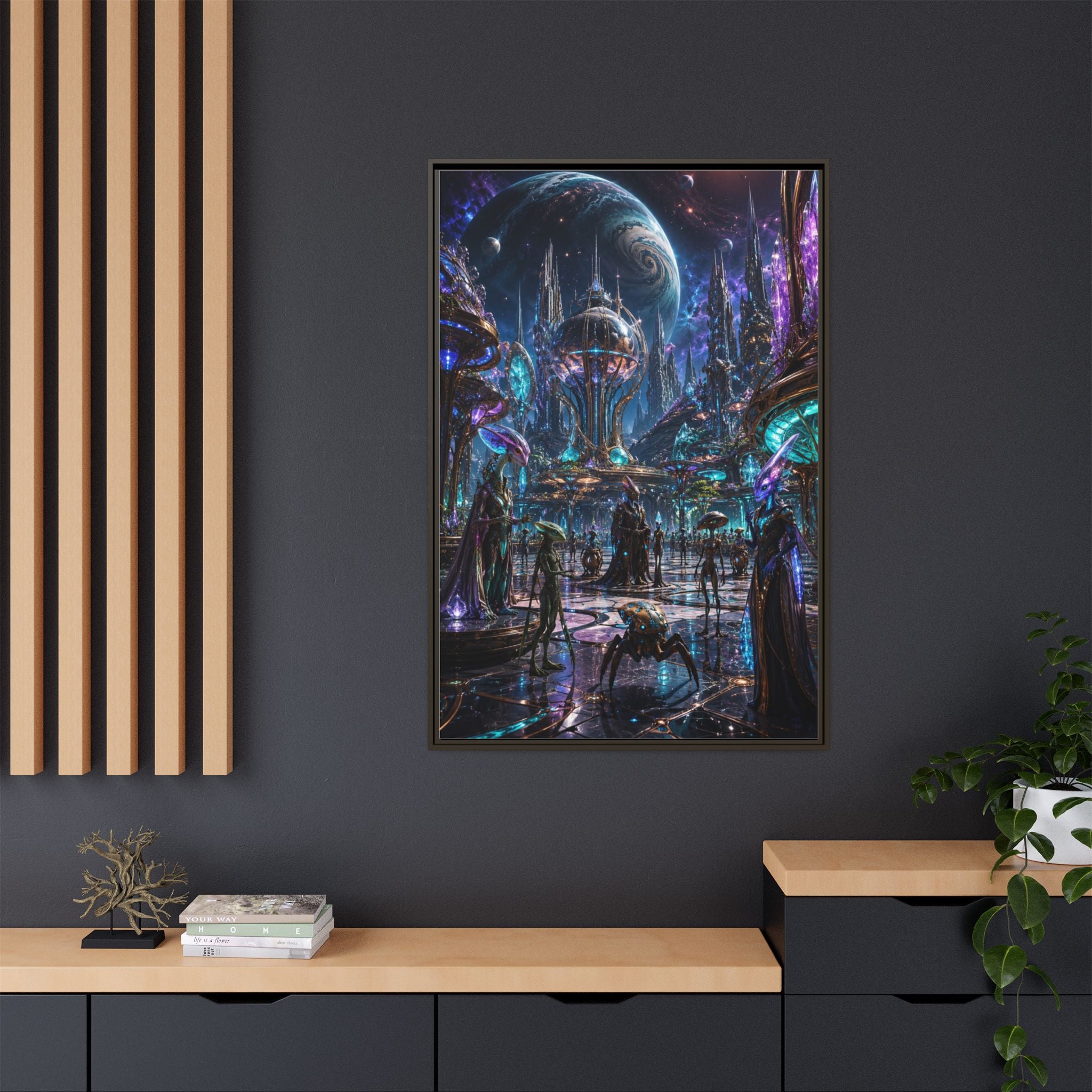 Framed Matte Canvas - Neon Sci‑Fi Cityscape Wall Art