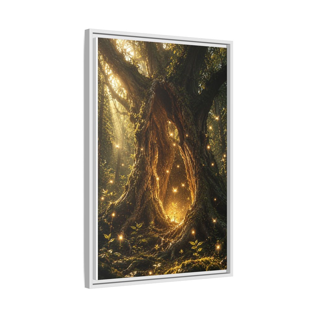 Framed Canvas Art - Enchanted Forest Tree with Glowing Fireflies