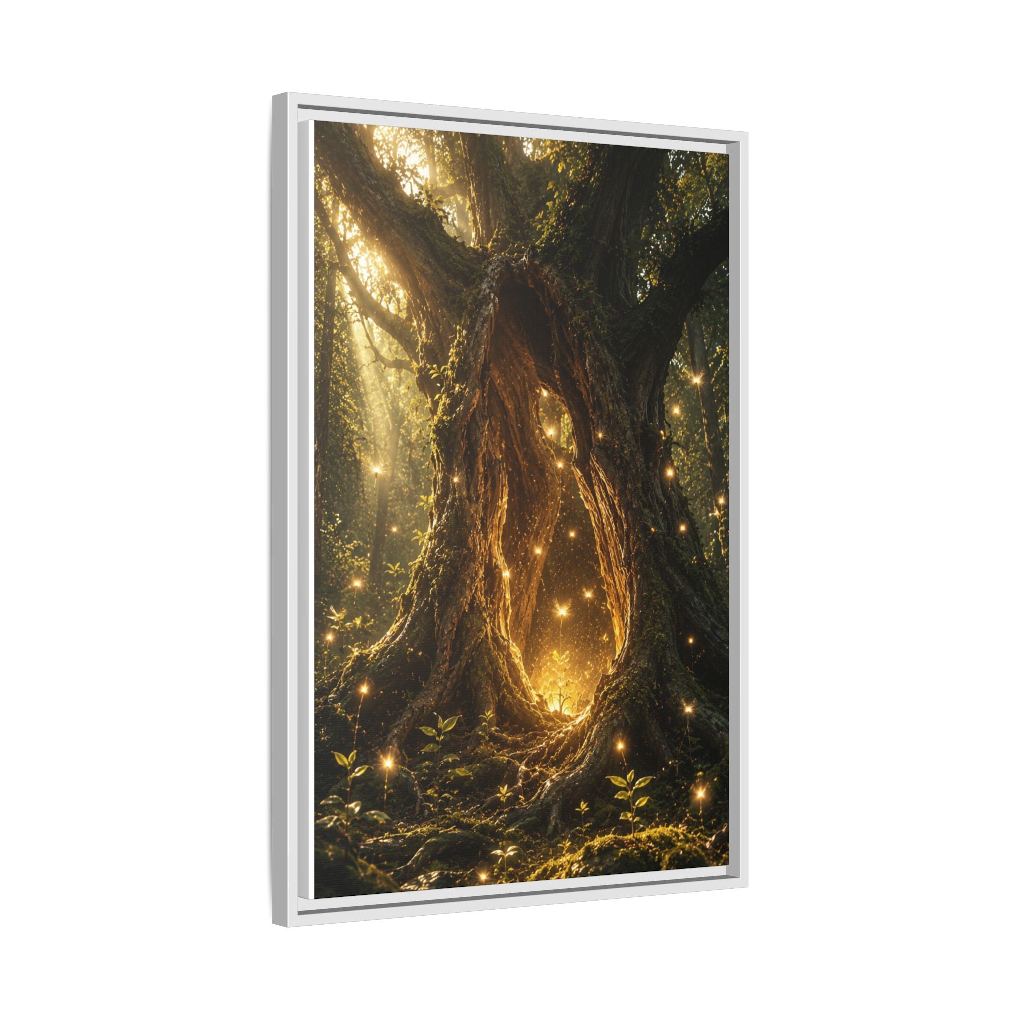 Framed Canvas Art - Enchanted Forest Tree with Glowing Fireflies