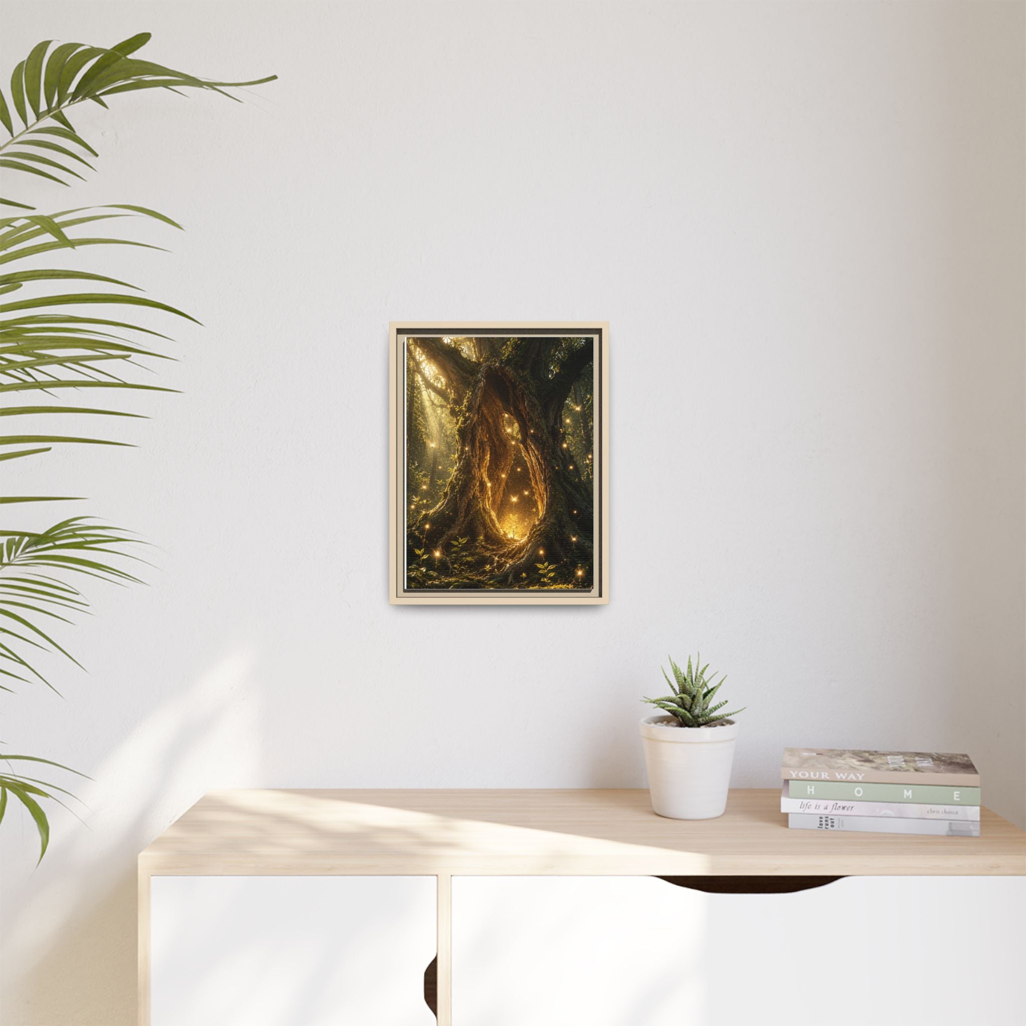 Framed Canvas Art - Enchanted Forest Tree with Glowing Fireflies