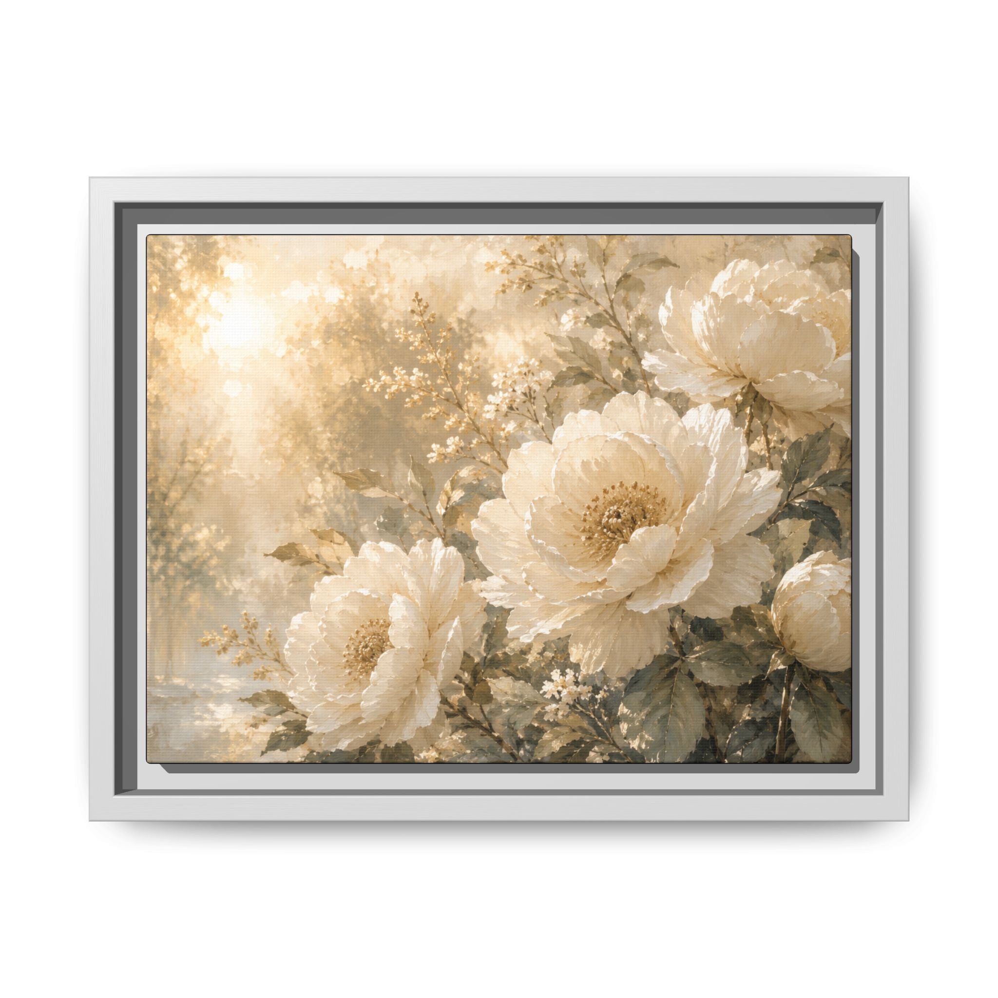 Framed Floral Canvas Wall Art – Vintage Cream Peony Matte Print