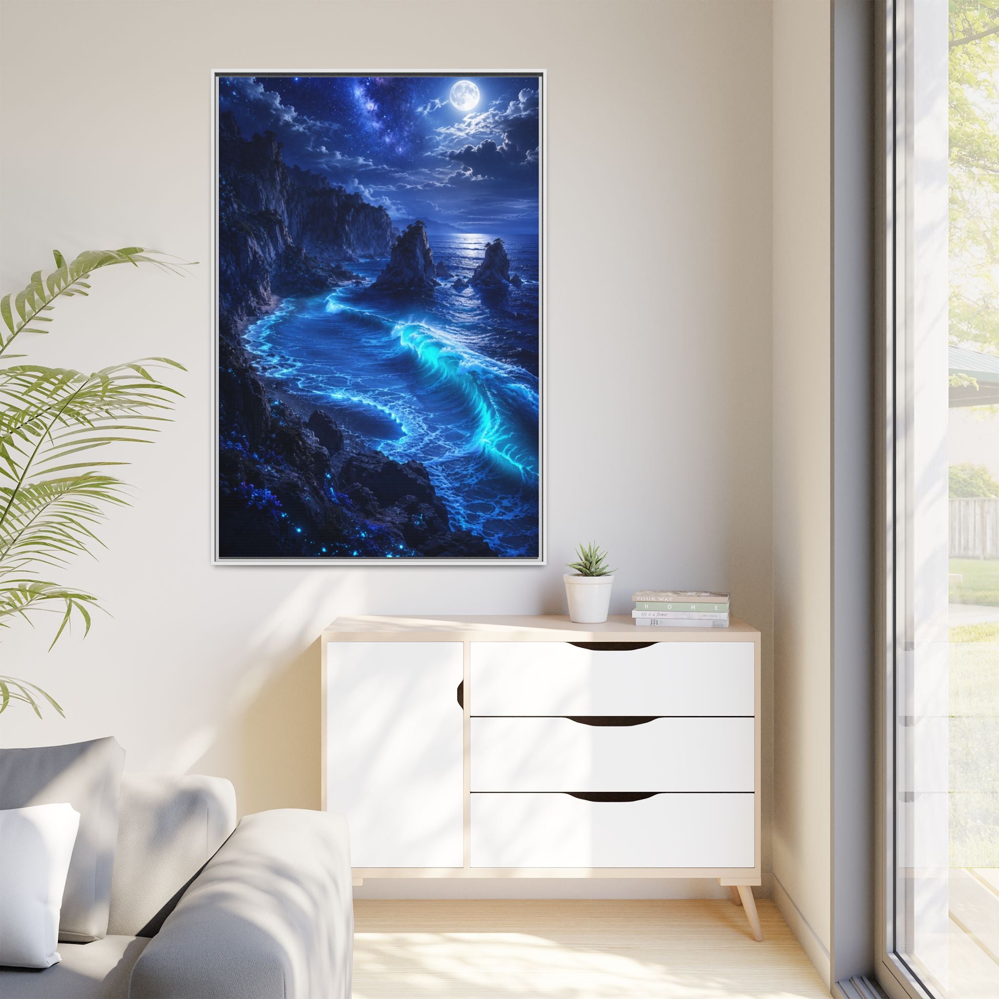 Framed Matte Canvas: Luminous Moonlit Ocean Art Print