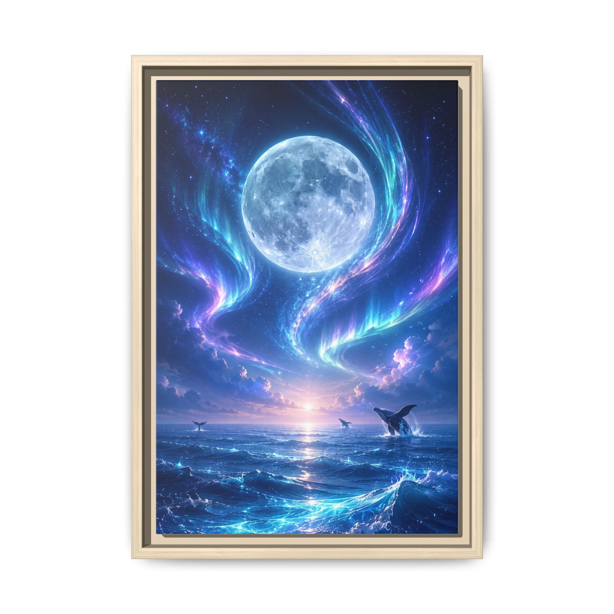 Framed Canvas Art - Lunar Aurora Ocean Scene