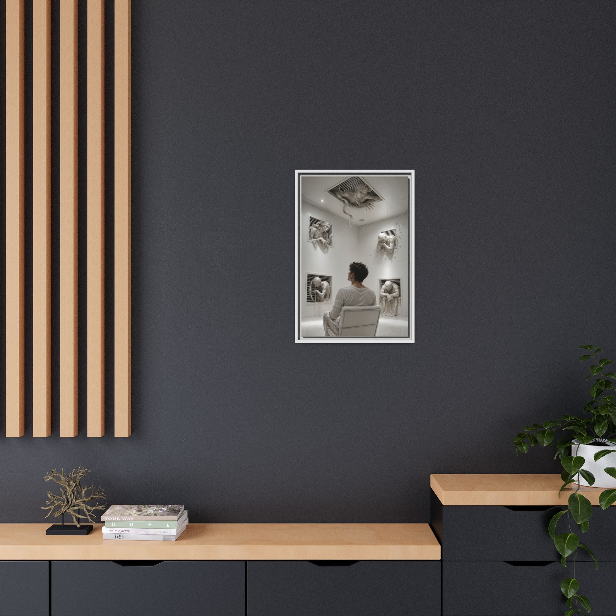 Surreal Wall Art Canvas — Man in Gallery with Sculpted Figures, Framed Matte Print