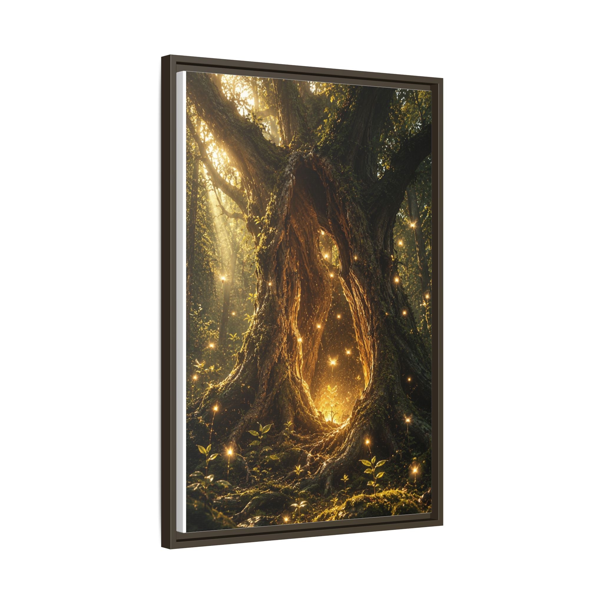 Framed Canvas Art - Enchanted Forest Tree with Glowing Fireflies