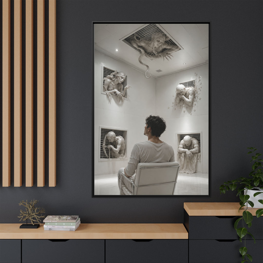 Surreal Wall Art Canvas — Man in Gallery with Sculpted Figures, Framed Matte Print