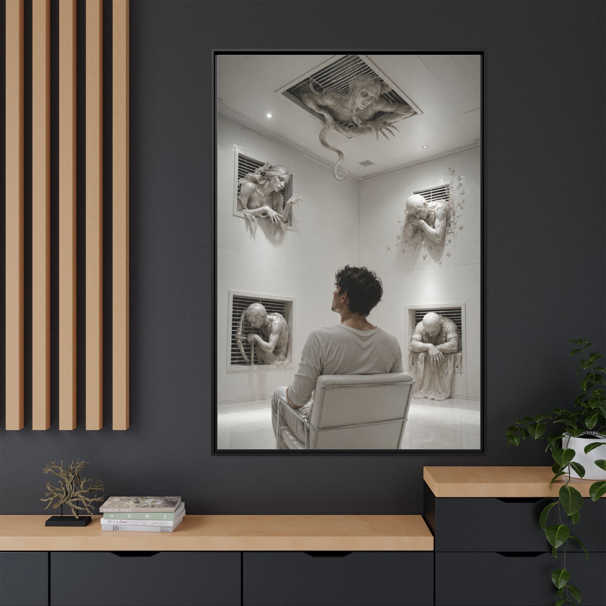 Surreal Wall Art Canvas — Man in Gallery with Sculpted Figures, Framed Matte Print