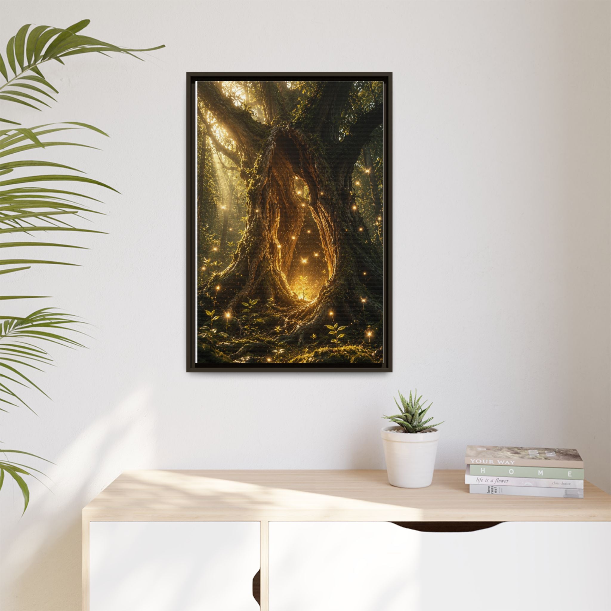 Framed Canvas Art - Enchanted Forest Tree with Glowing Fireflies