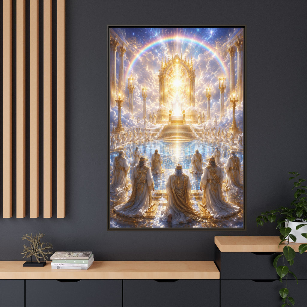 Heavenly Throne Room Matte Framed Canvas — Golden Angelic Realm Wall Art