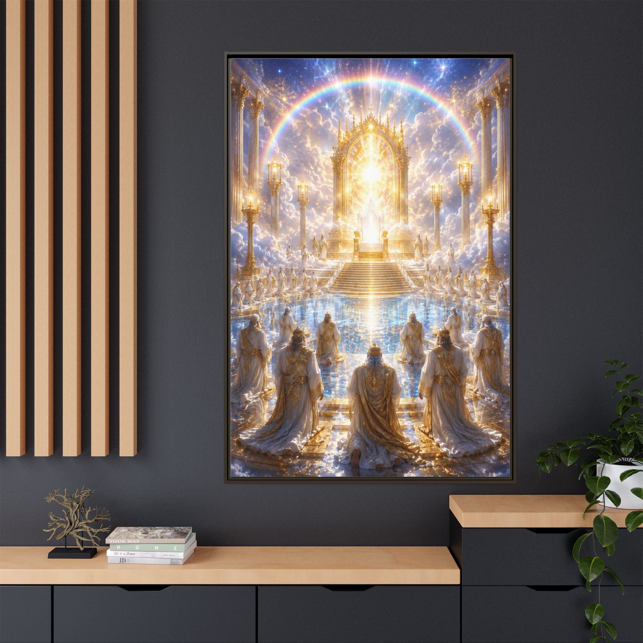 Heavenly Throne Room Matte Framed Canvas — Golden Angelic Realm Wall Art