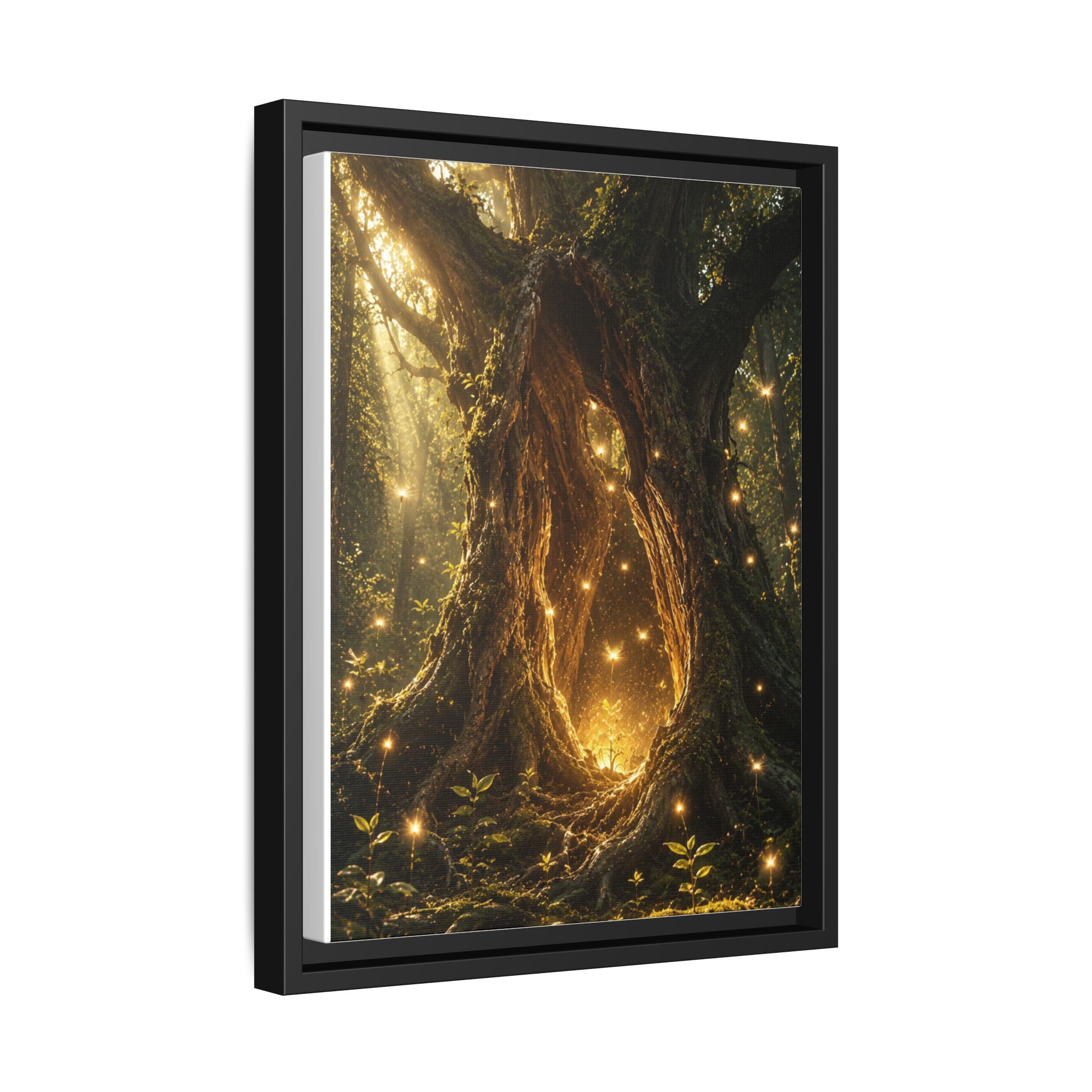 Framed Canvas Art - Enchanted Forest Tree with Glowing Fireflies