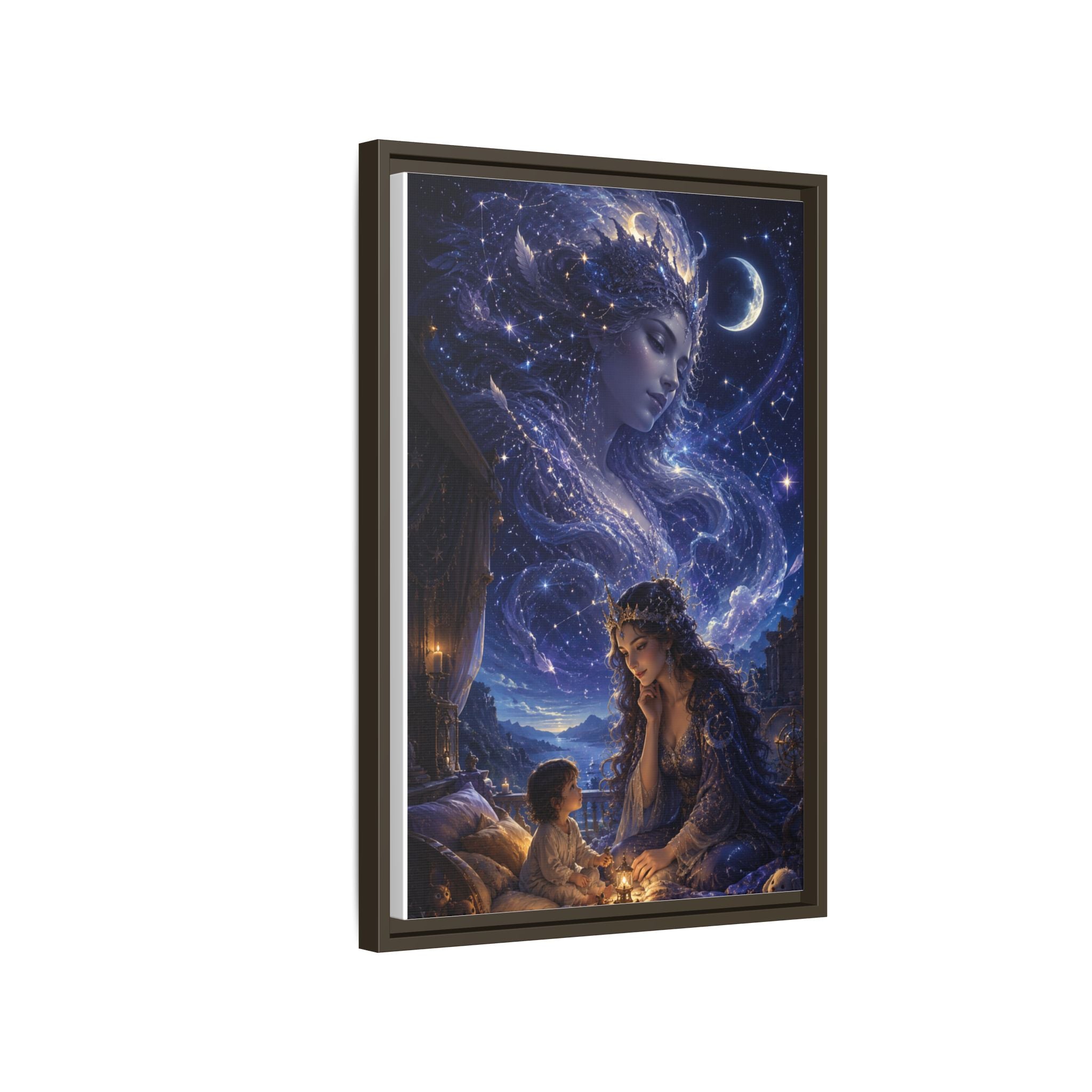 Framed Matte Canvas — Mystical Moon Mother & Child Nightscape Wall Art