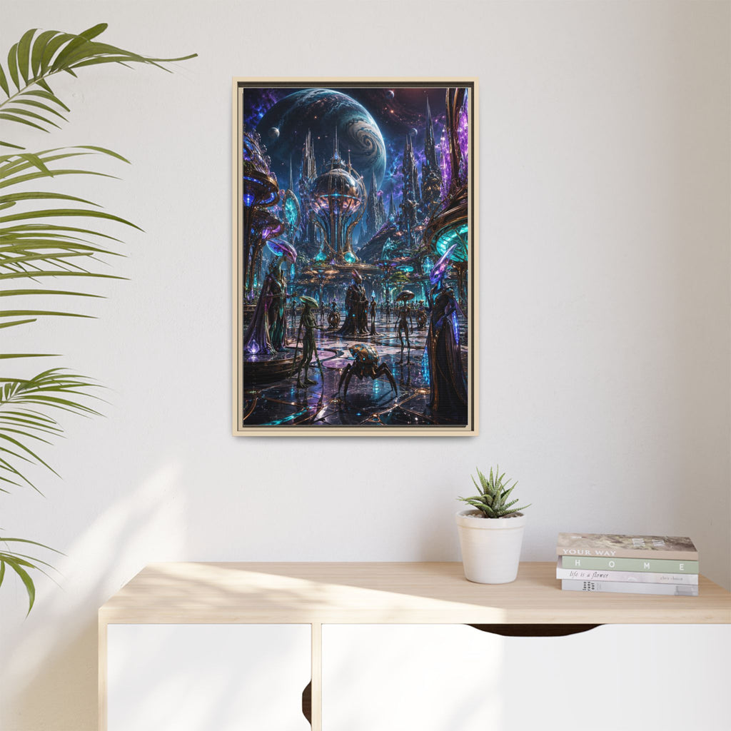 Framed Matte Canvas - Neon Sci‑Fi Cityscape Wall Art
