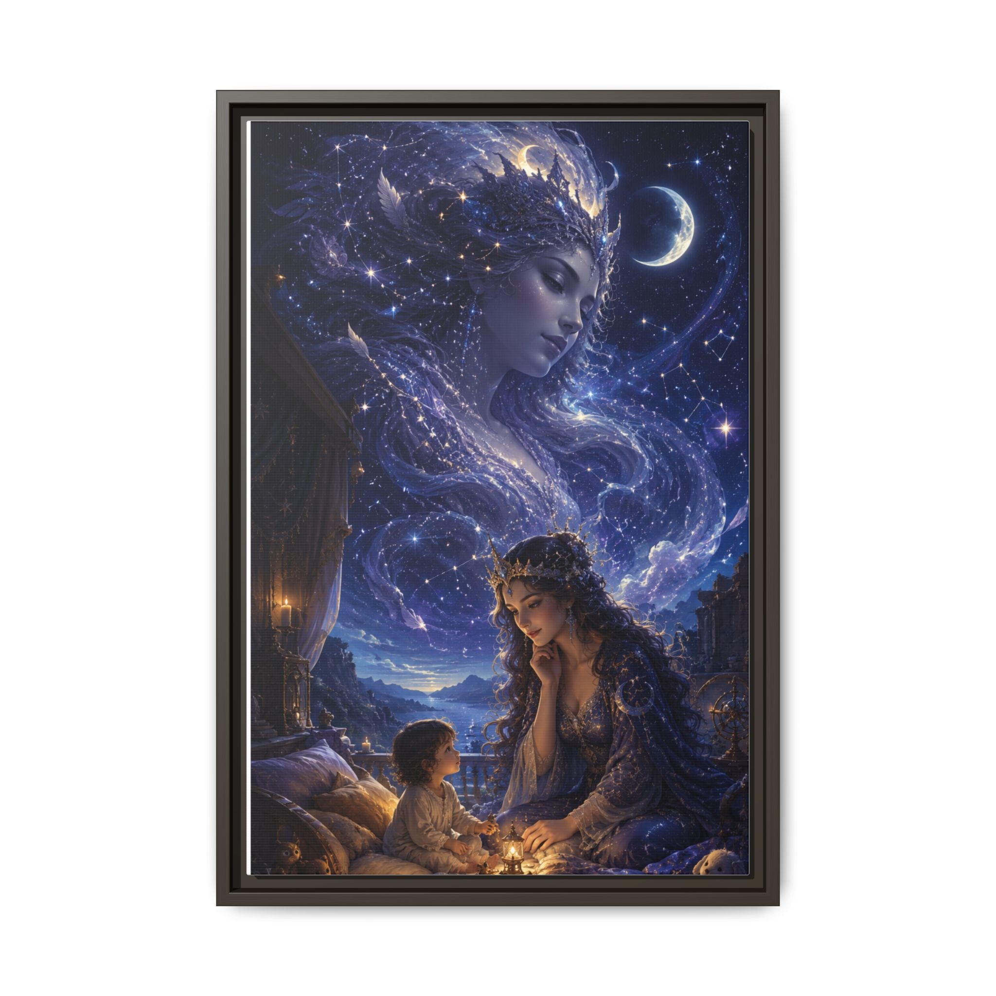 Framed Matte Canvas — Mystical Moon Mother & Child Nightscape Wall Art