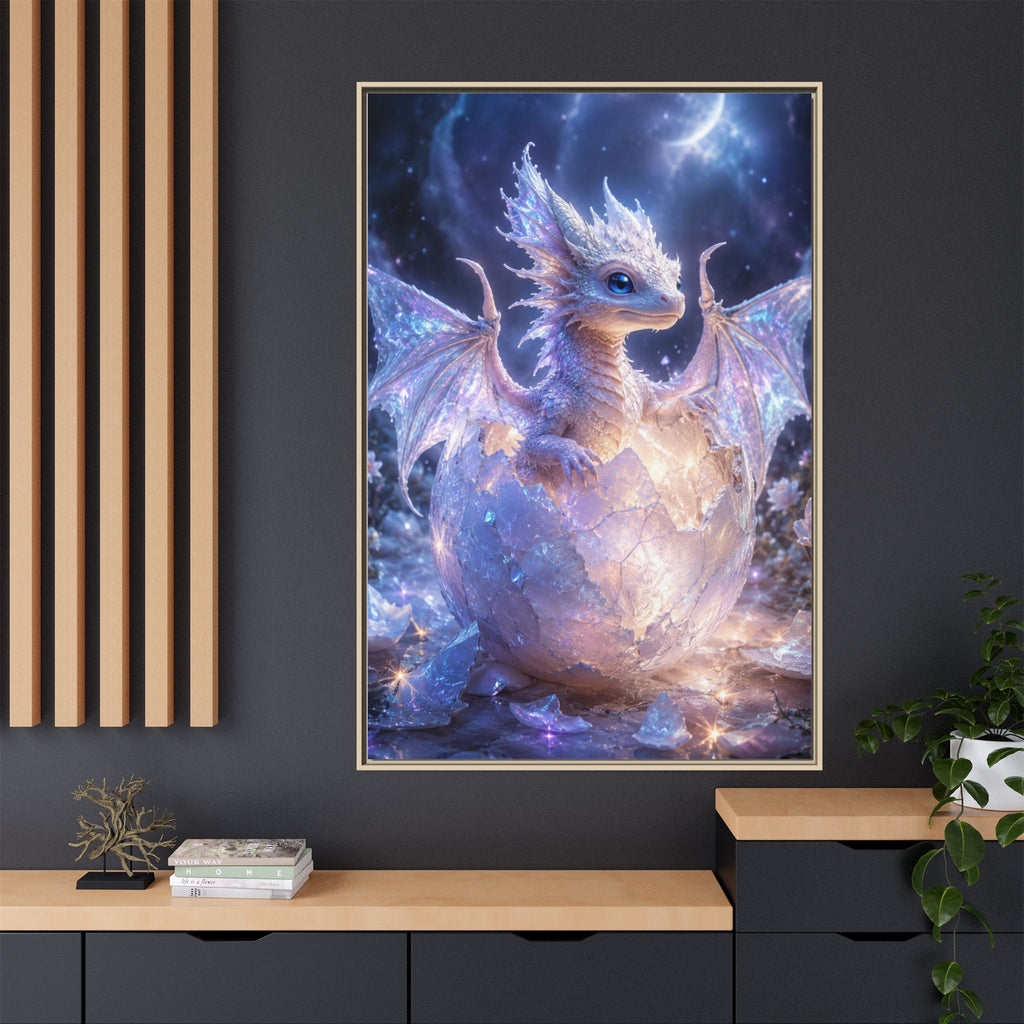 Framed Fantasy Dragon Canvas Print — Mystical Baby Dragon in Cracked Egg Wall Art
