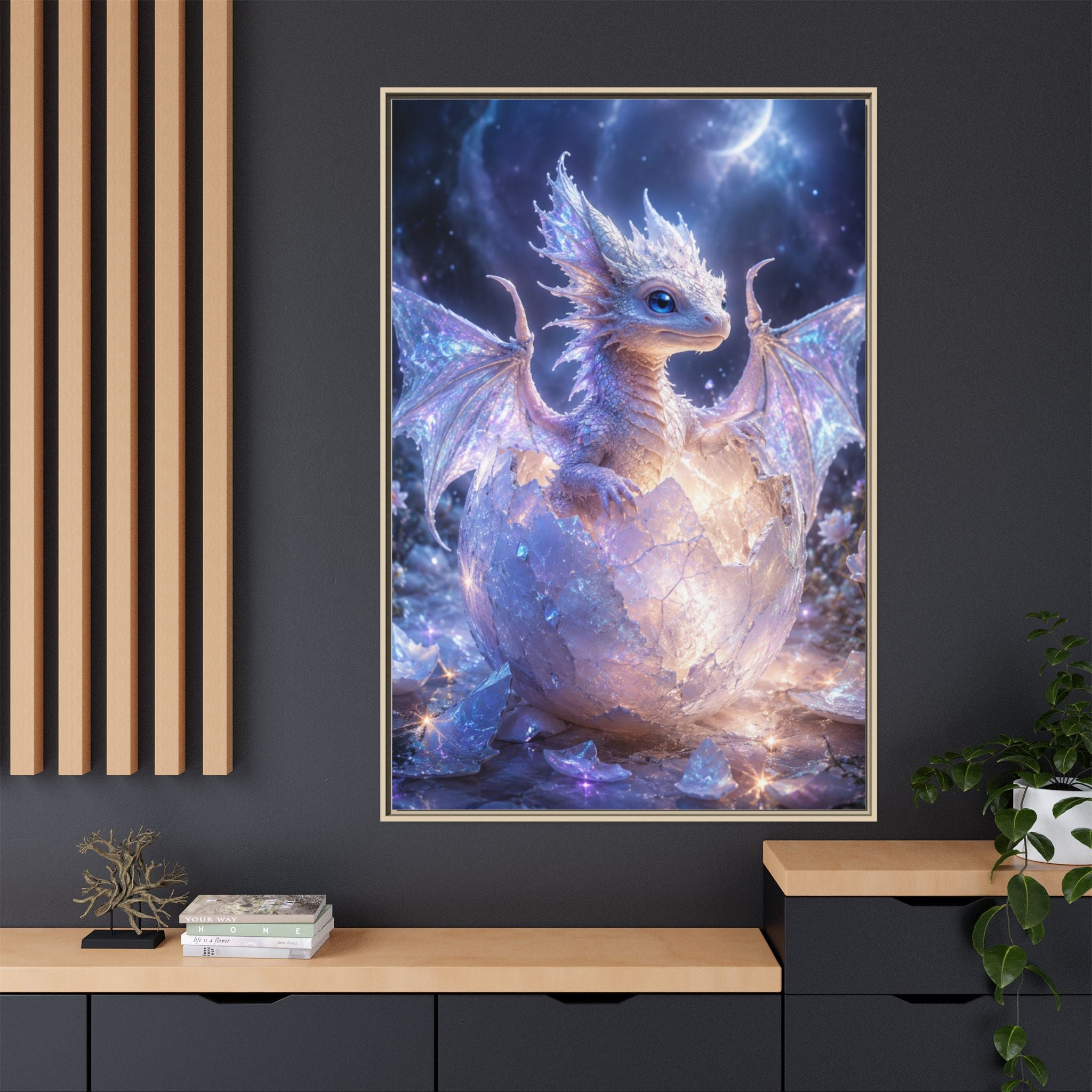 Framed Fantasy Dragon Canvas Print — Mystical Baby Dragon in Cracked Egg Wall Art