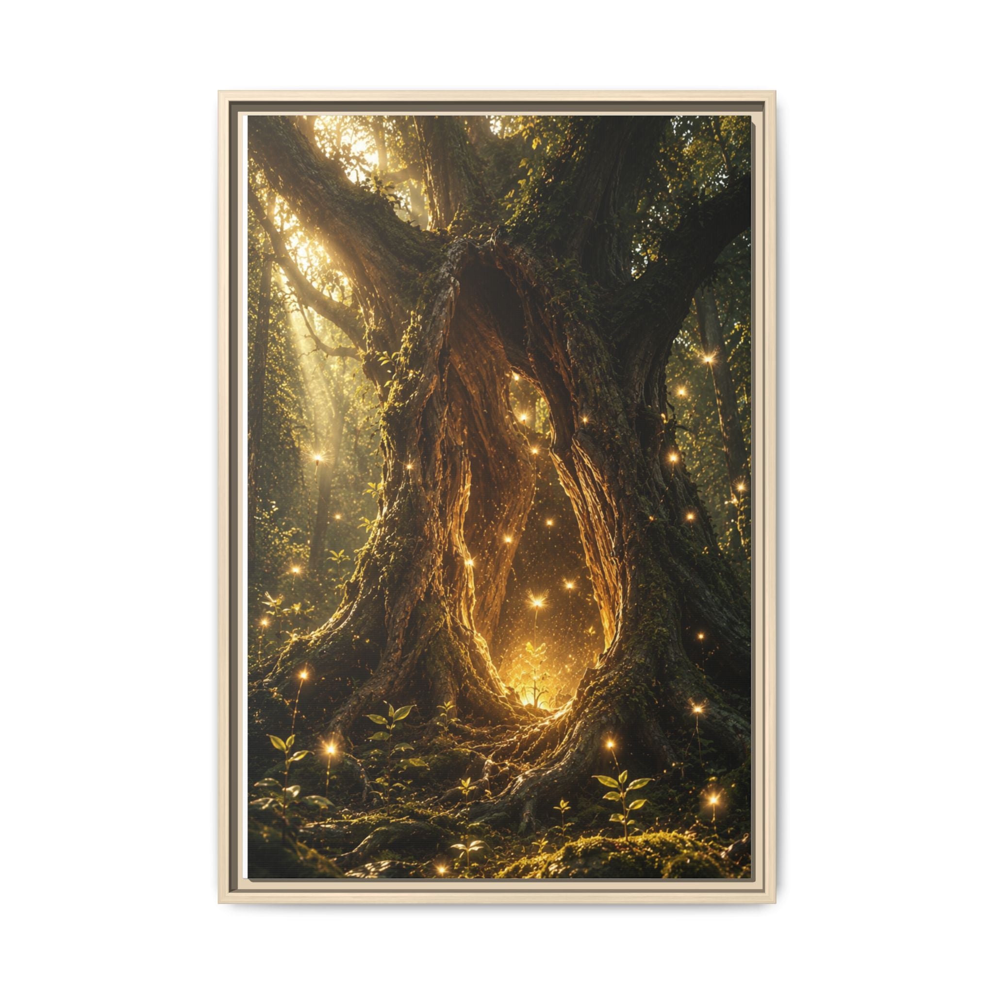 Framed Canvas Art - Enchanted Forest Tree with Glowing Fireflies