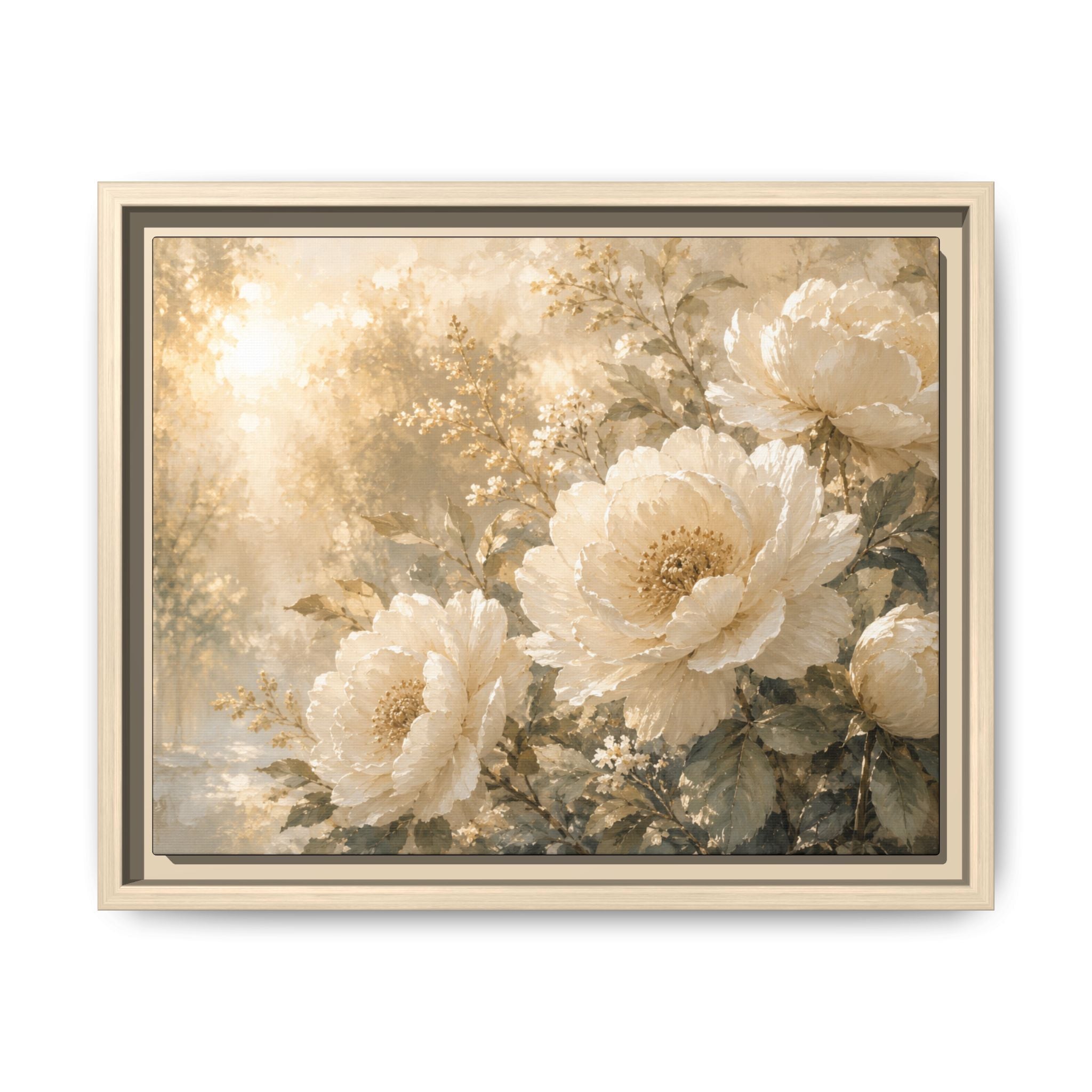 Framed Floral Canvas Wall Art – Vintage Cream Peony Matte Print