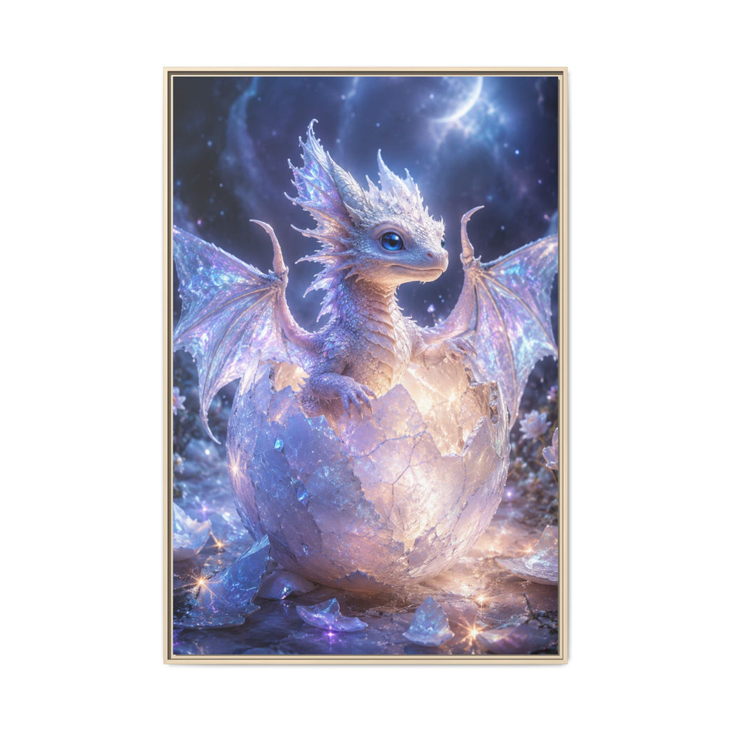 Framed Fantasy Dragon Canvas Print — Mystical Baby Dragon in Cracked Egg Wall Art