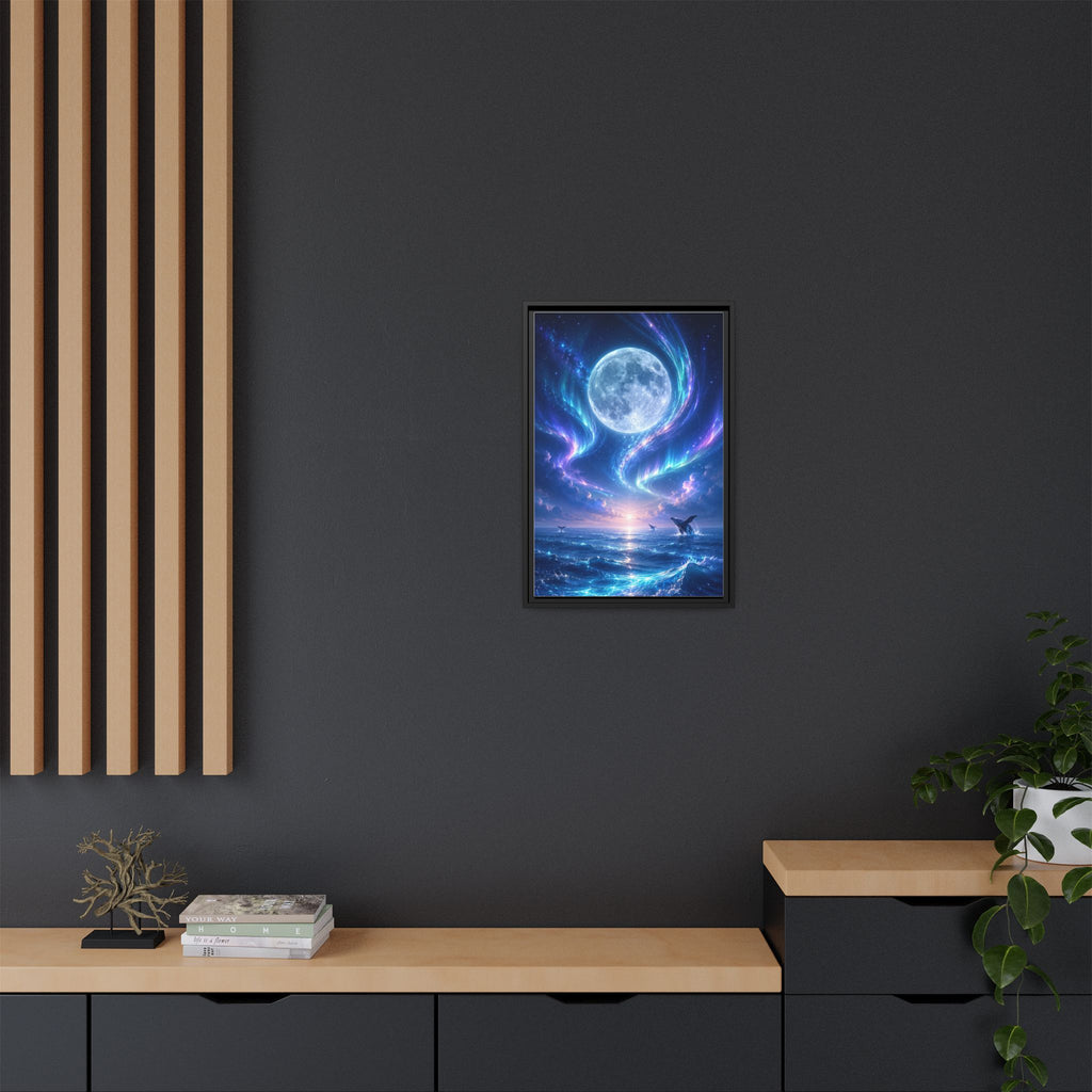 Framed Canvas Art - Lunar Aurora Ocean Scene