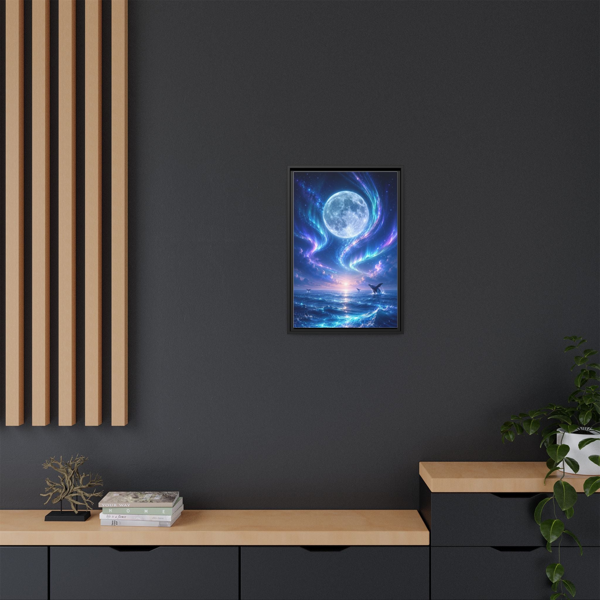 Framed Canvas Art - Lunar Aurora Ocean Scene