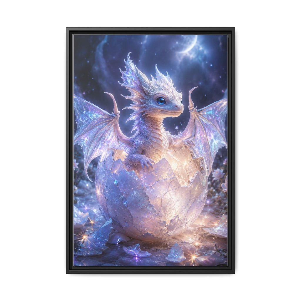 Framed Fantasy Dragon Canvas Print — Mystical Baby Dragon in Cracked Egg Wall Art
