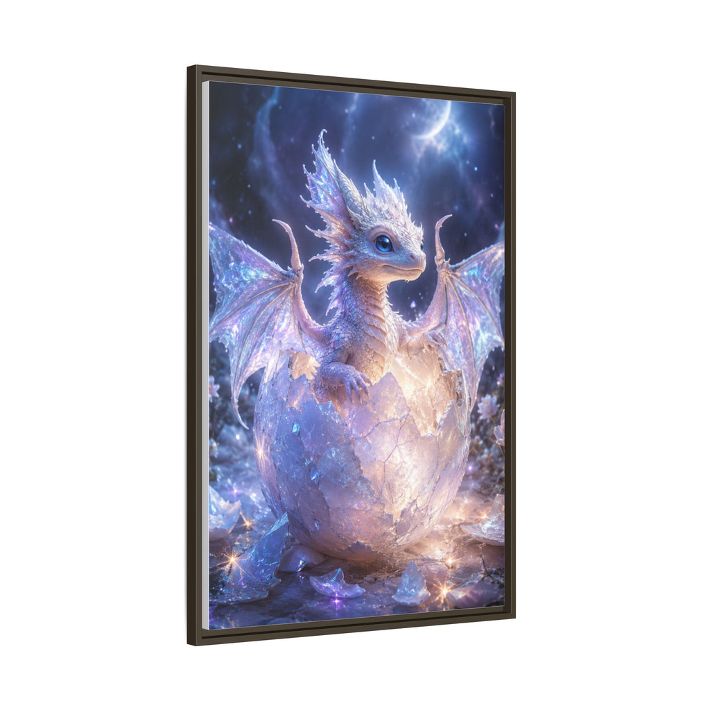 Framed Fantasy Dragon Canvas Print — Mystical Baby Dragon in Cracked Egg Wall Art