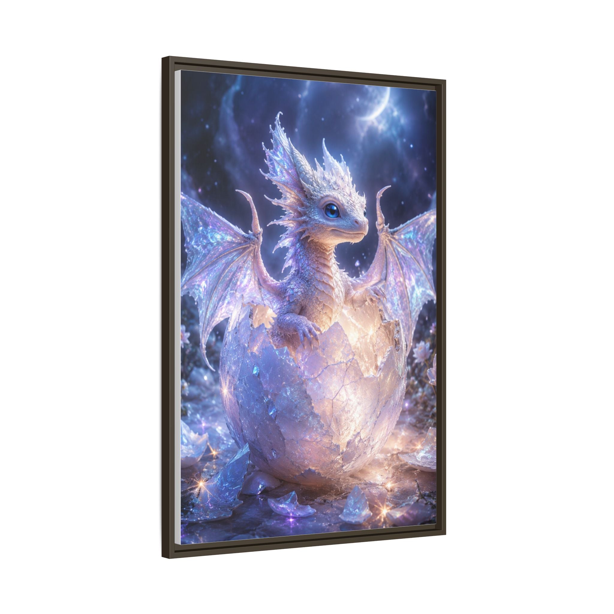 Framed Fantasy Dragon Canvas Print — Mystical Baby Dragon in Cracked Egg Wall Art