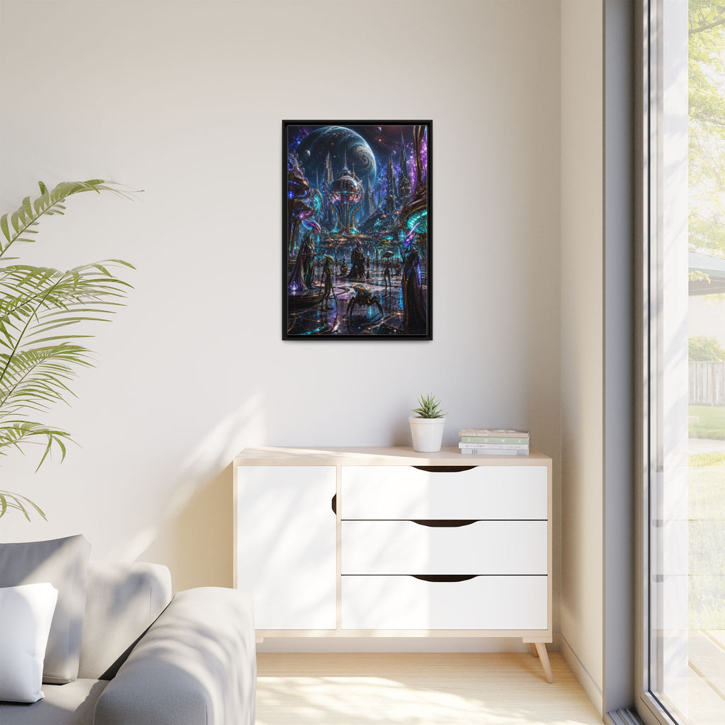Framed Matte Canvas - Neon Sci‑Fi Cityscape Wall Art