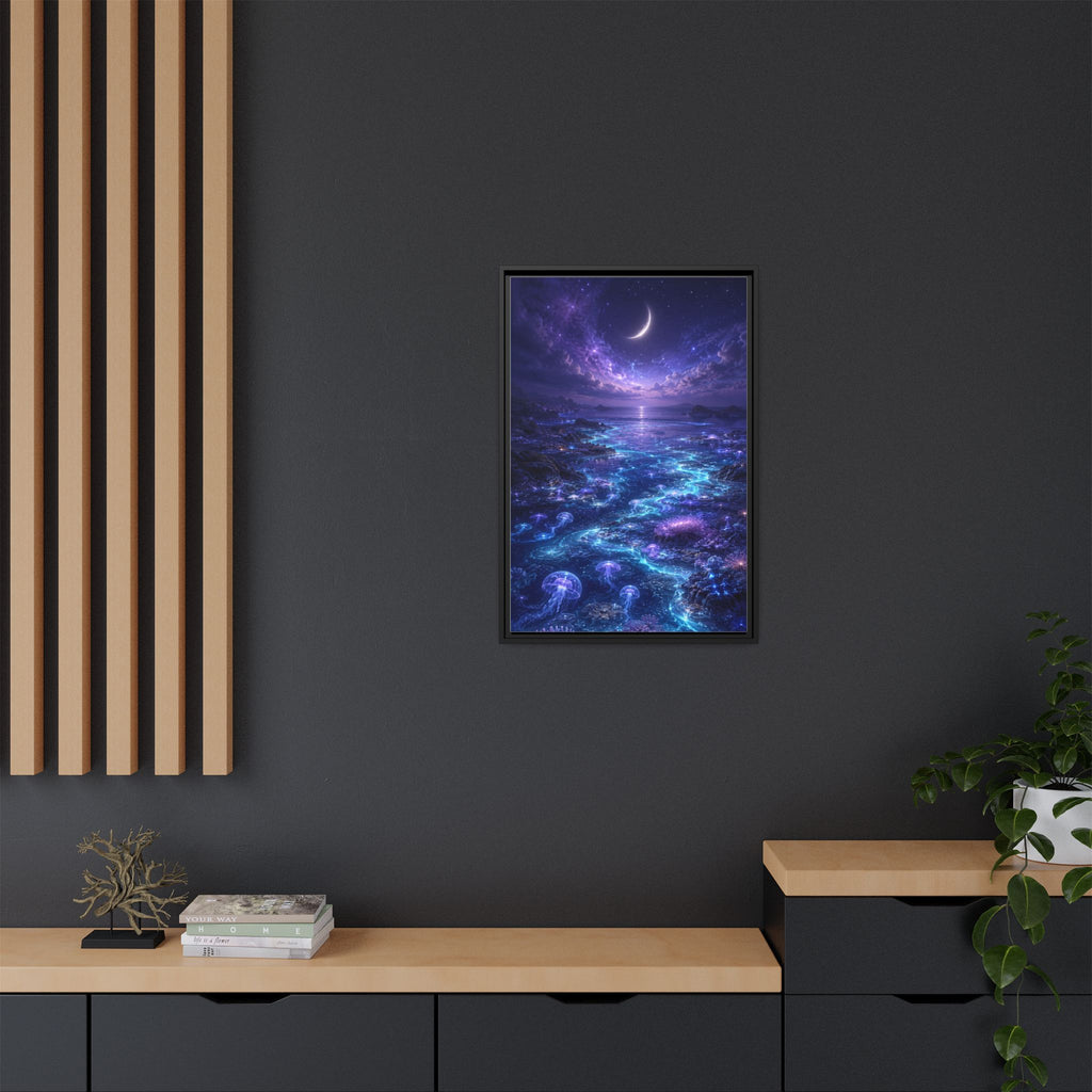 Framed Canvas Art — Bioluminescent Moonlit Ocean Scene