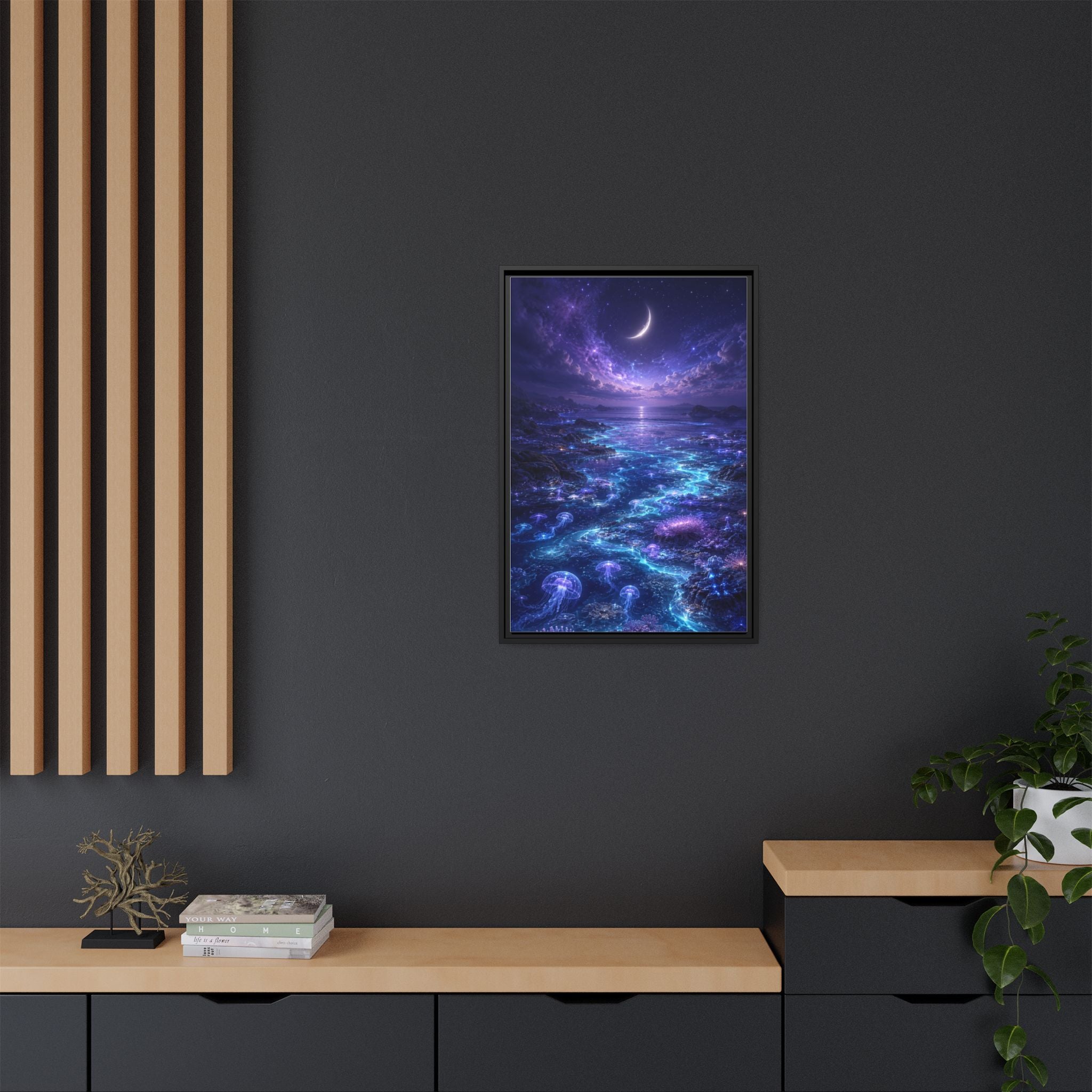 Framed Canvas Art — Bioluminescent Moonlit Ocean Scene