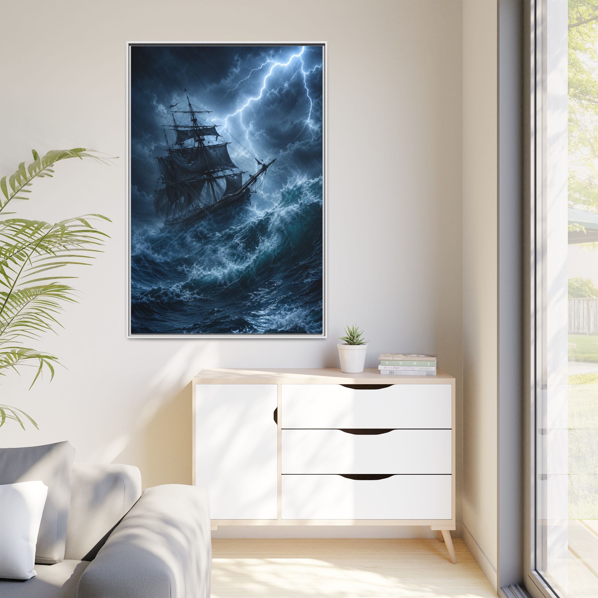 Stormy Seas Ship Painting — Framed Matte Canvas Wall Art