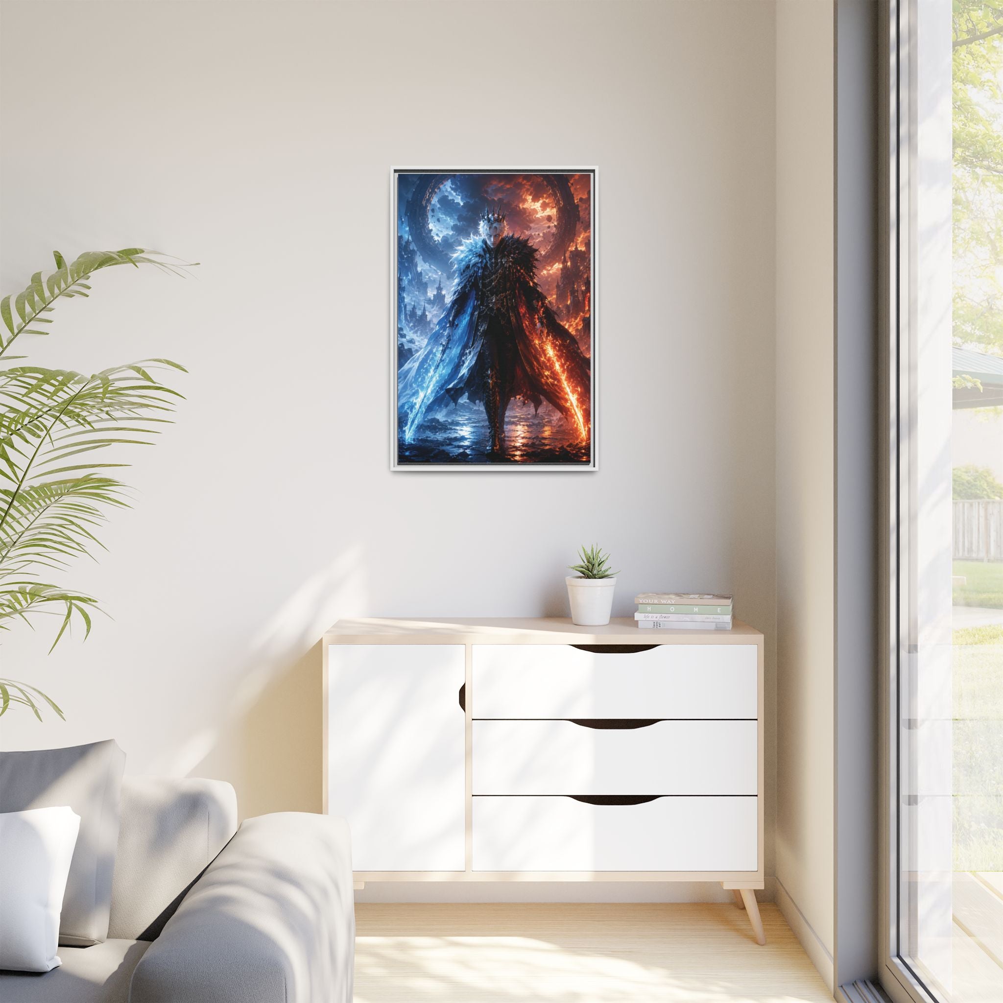 Framed Fantasy Canvas Print — Ice vs Fire Dark Knight Wall Art
