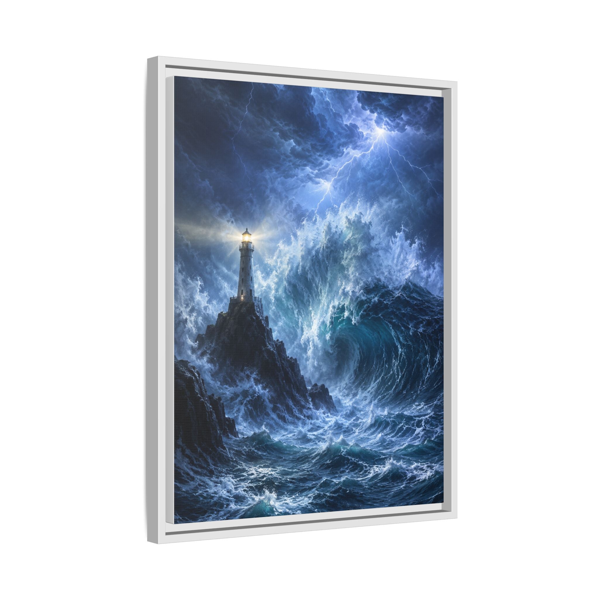 Framed Matte Canvas – Stormy Lighthouse Ocean Print