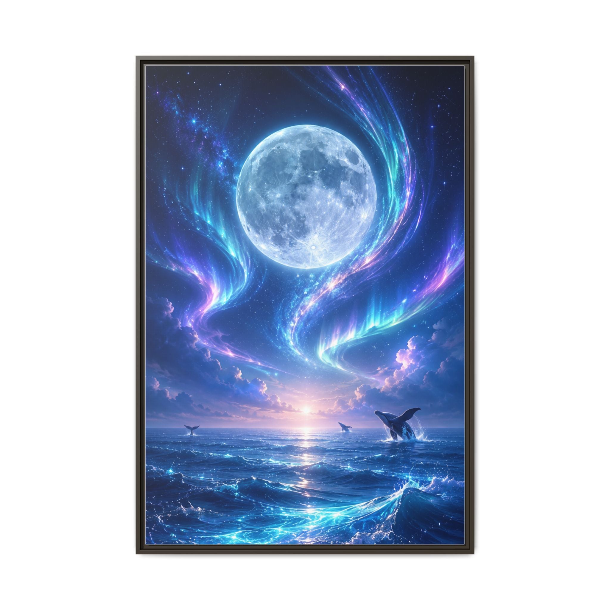 Framed Canvas Art - Lunar Aurora Ocean Scene