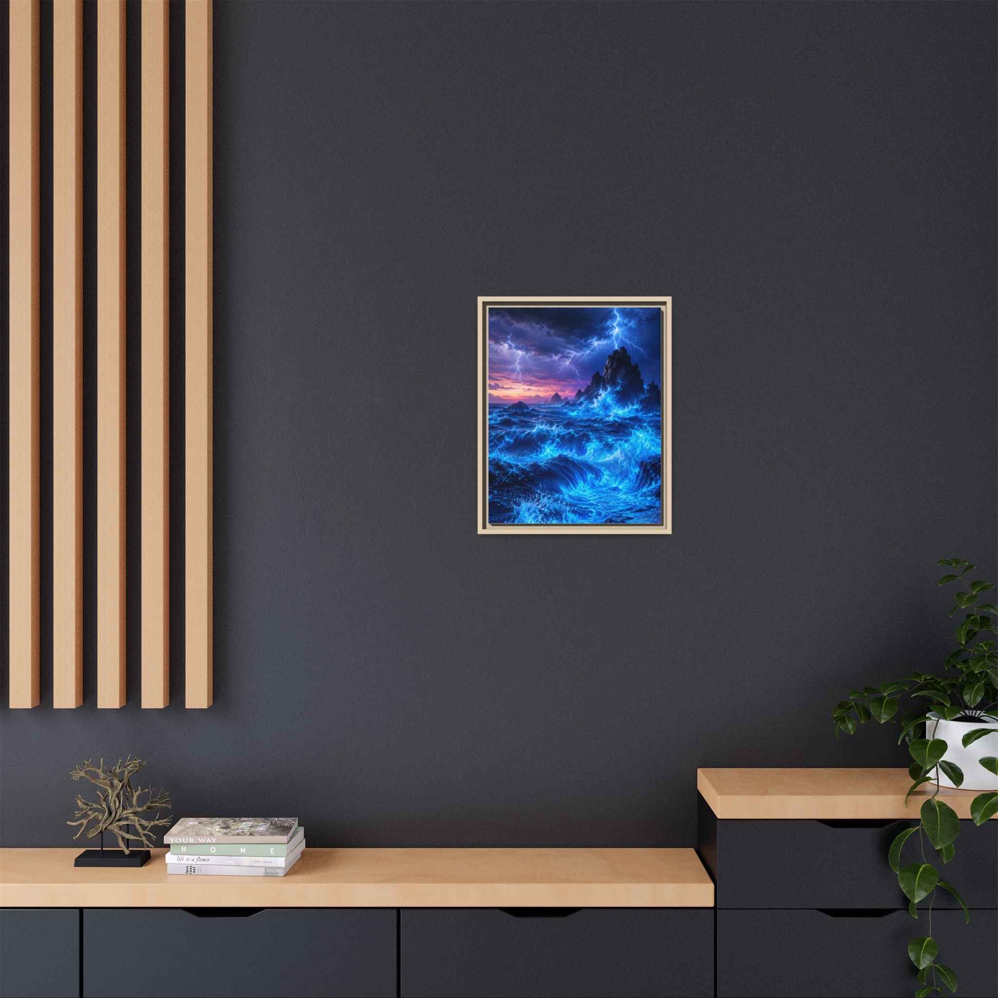 Framed Matte Canvas Art — Electric Stormy Ocean Landscape