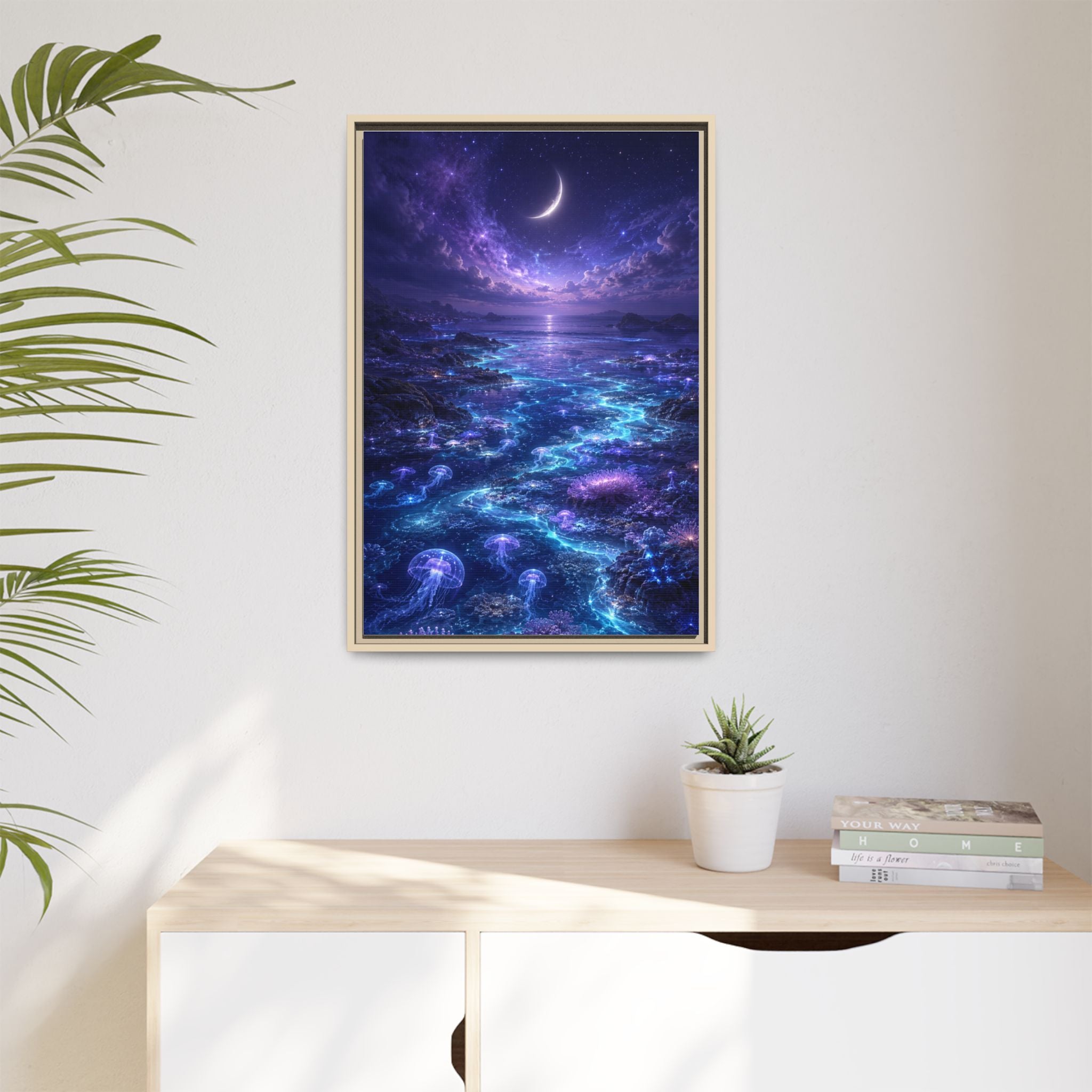 Framed Canvas Art — Bioluminescent Moonlit Ocean Scene