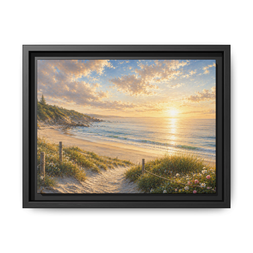 Framed Framed Canvas: Golden Beach Sunrise Seascape Wall Art