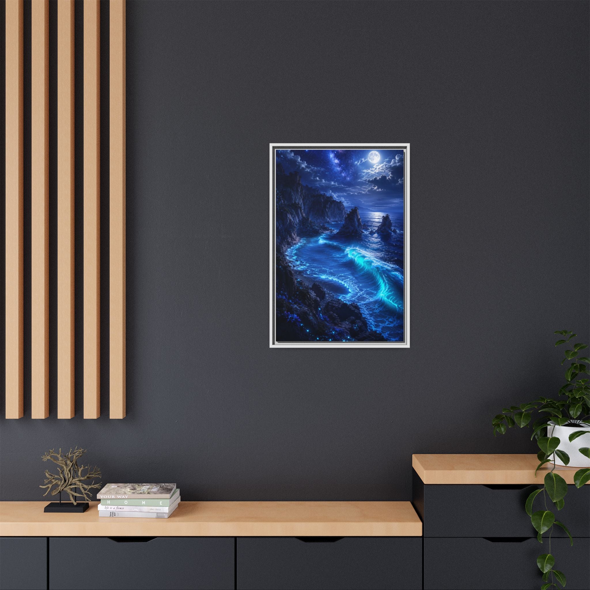 Framed Matte Canvas: Luminous Moonlit Ocean Art Print
