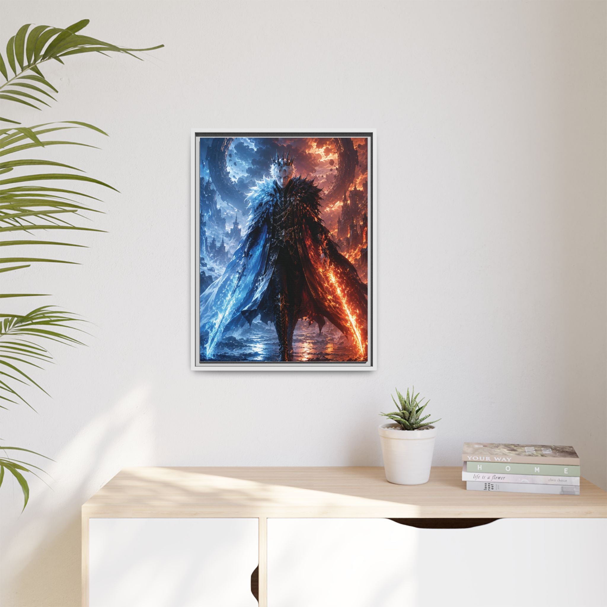 Framed Fantasy Canvas Print — Ice vs Fire Dark Knight Wall Art