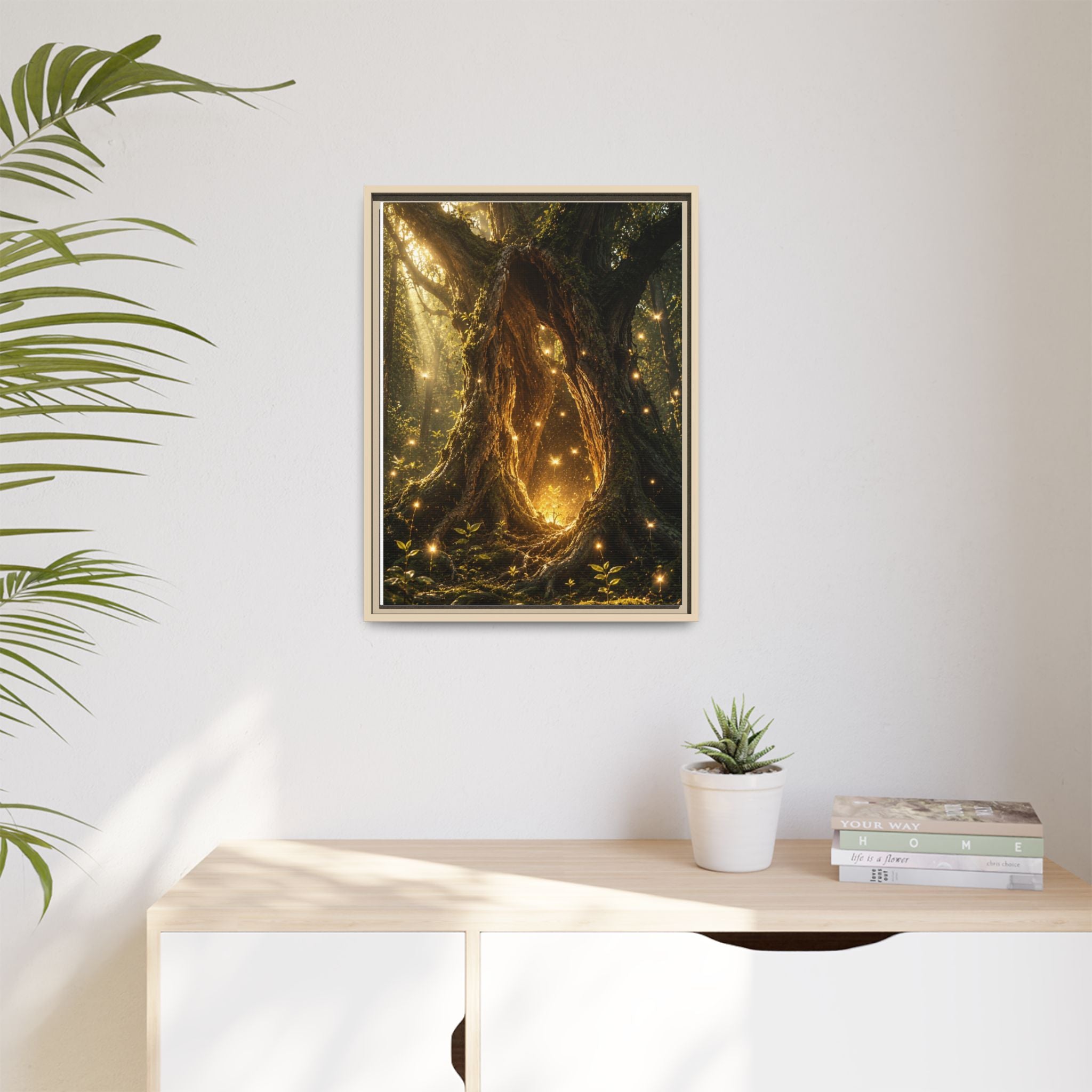 Framed Canvas Art - Enchanted Forest Tree with Glowing Fireflies