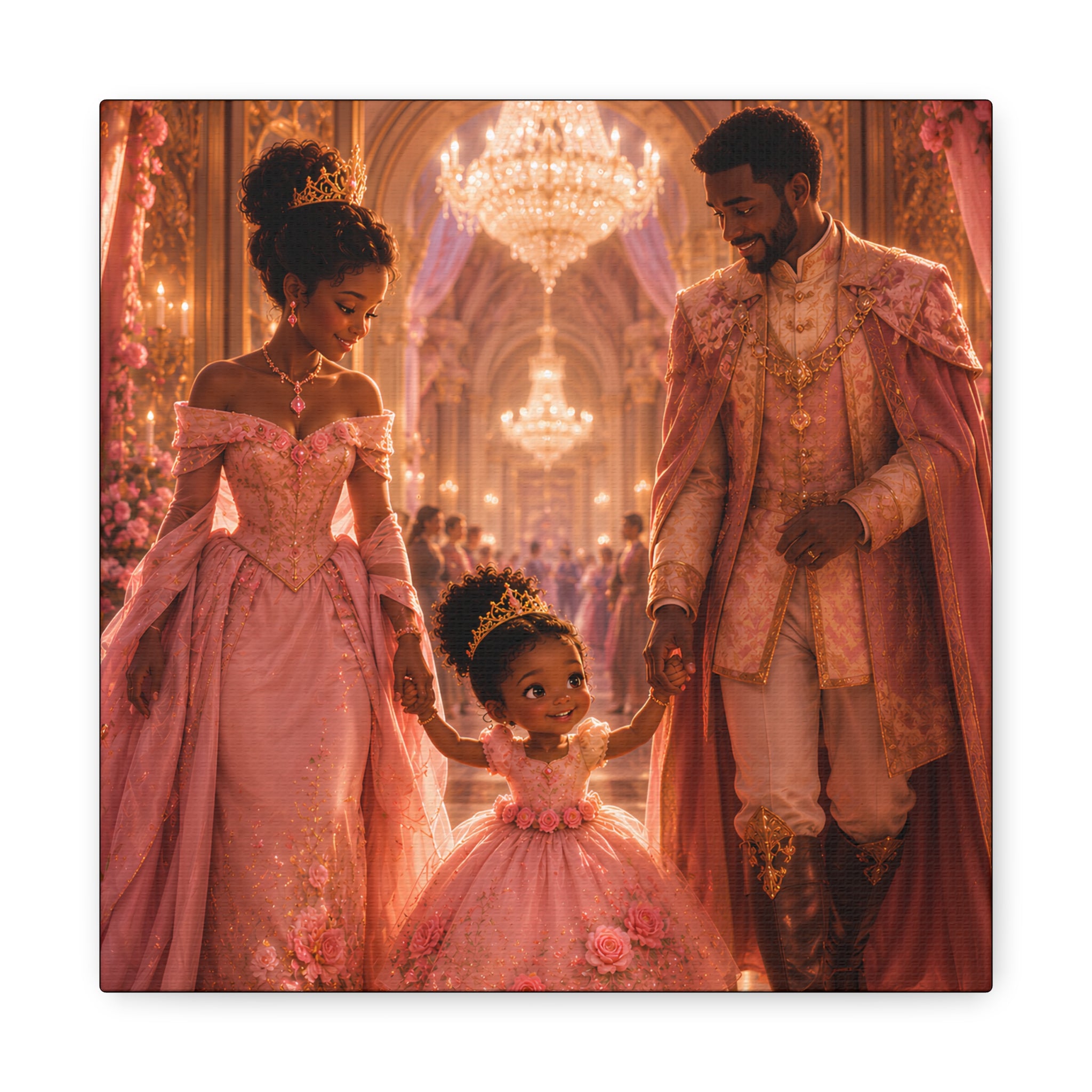 Princess Family Canvas Wall Art — Pink Royal Ballroom Scene