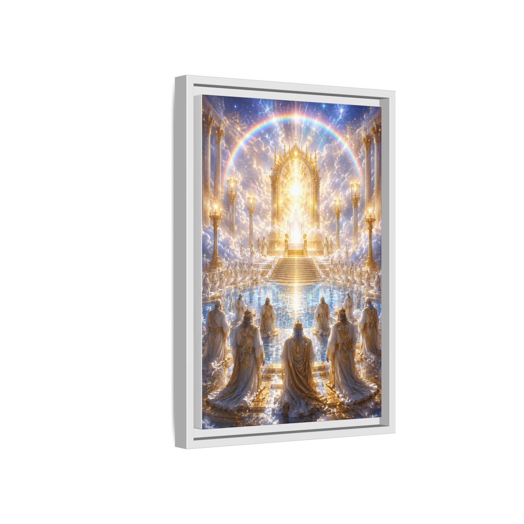 Heavenly Throne Room Matte Framed Canvas — Golden Angelic Realm Wall Art