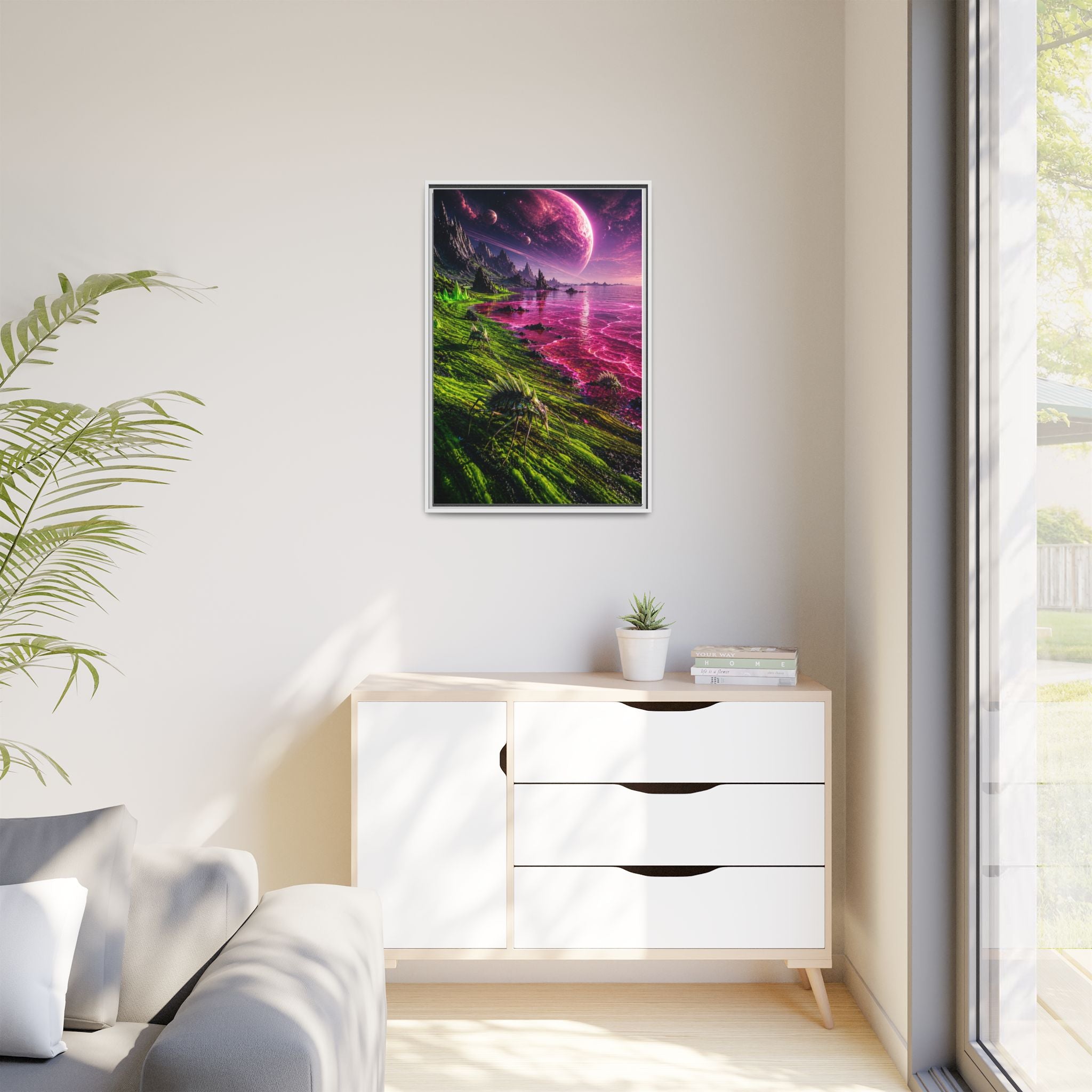 Framed Matte Canvas - Neon Alien Landscape Wall Art