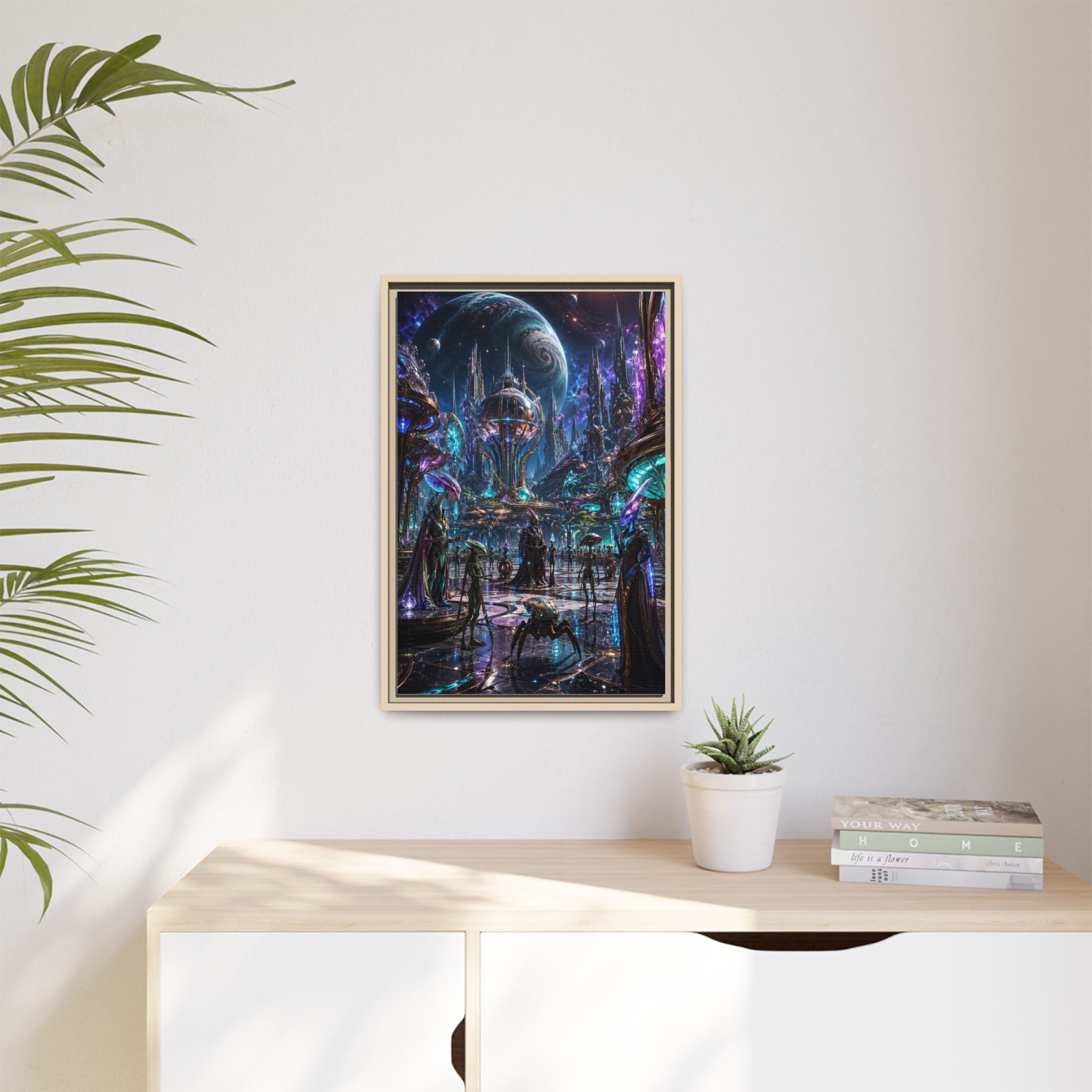 Framed Matte Canvas - Neon Sci‑Fi Cityscape Wall Art