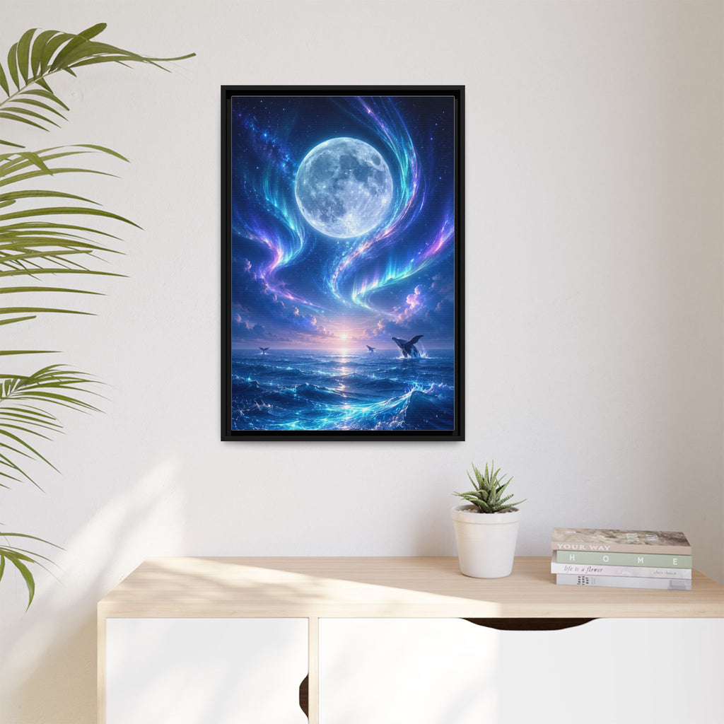 Framed Canvas Art - Lunar Aurora Ocean Scene