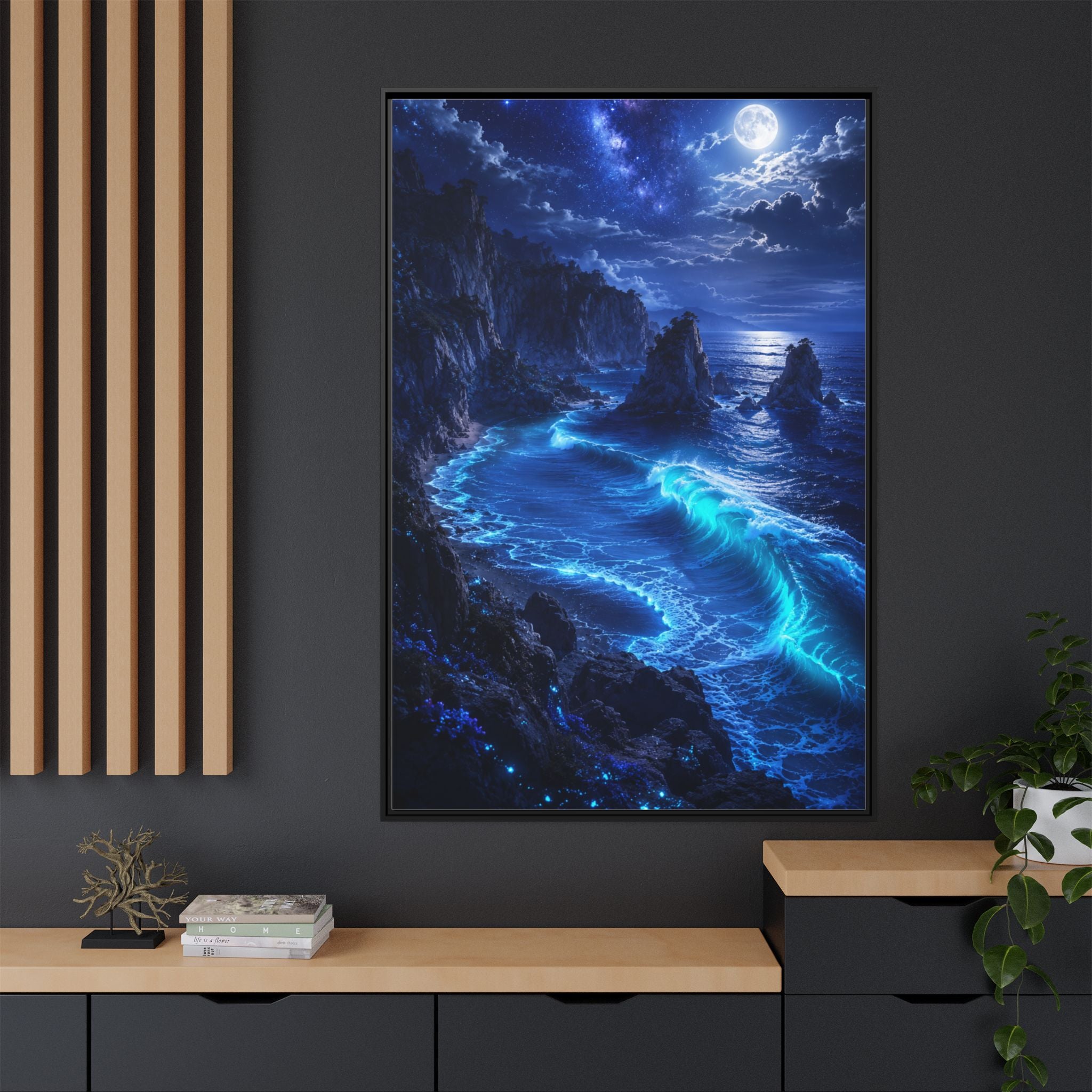 Framed Matte Canvas: Luminous Moonlit Ocean Art Print