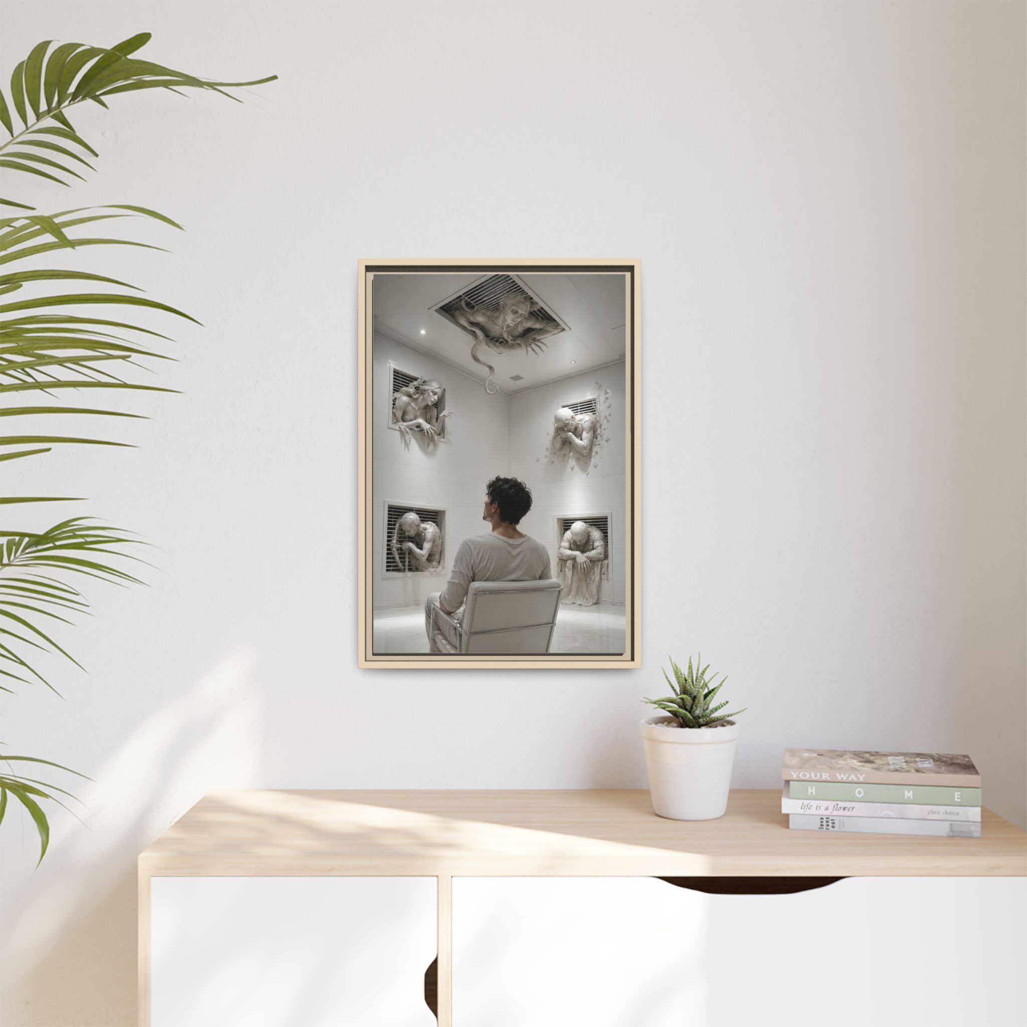 Surreal Wall Art Canvas — Man in Gallery with Sculpted Figures, Framed Matte Print