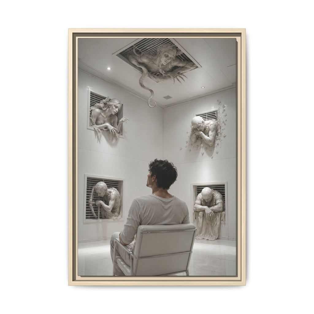 Surreal Wall Art Print — Man in Gallery with Sculpted Figures, Fine Art Paper Print